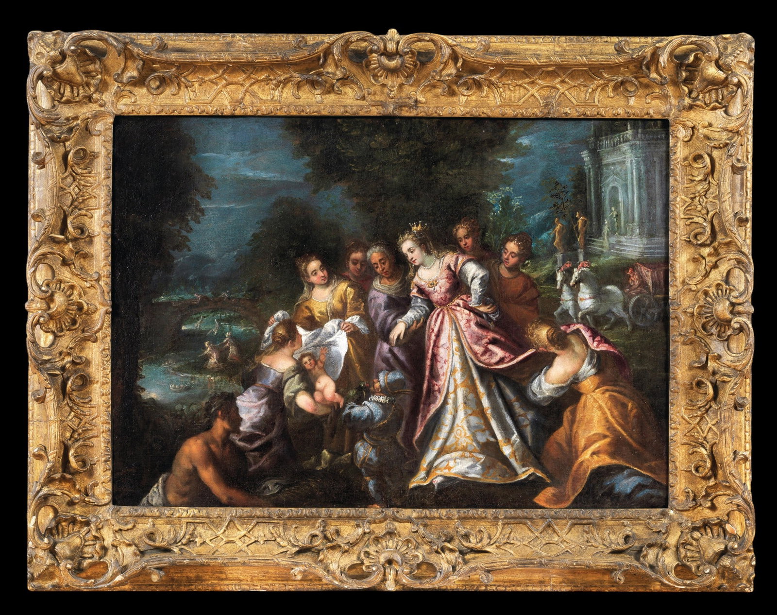 ANDREA MICHIELI, called ANDREA VICENTINO (Vicenza, 1542 – Venice, 1617) - The Finding of Moses: Oil on canvas. Dimensions: 76.8 × 106.5 cm. The work depicts the biblical episode of the finding of Moses, narrated in the Book of Exodus, when Pharaoh's daughter discovers the abandoned child in a b