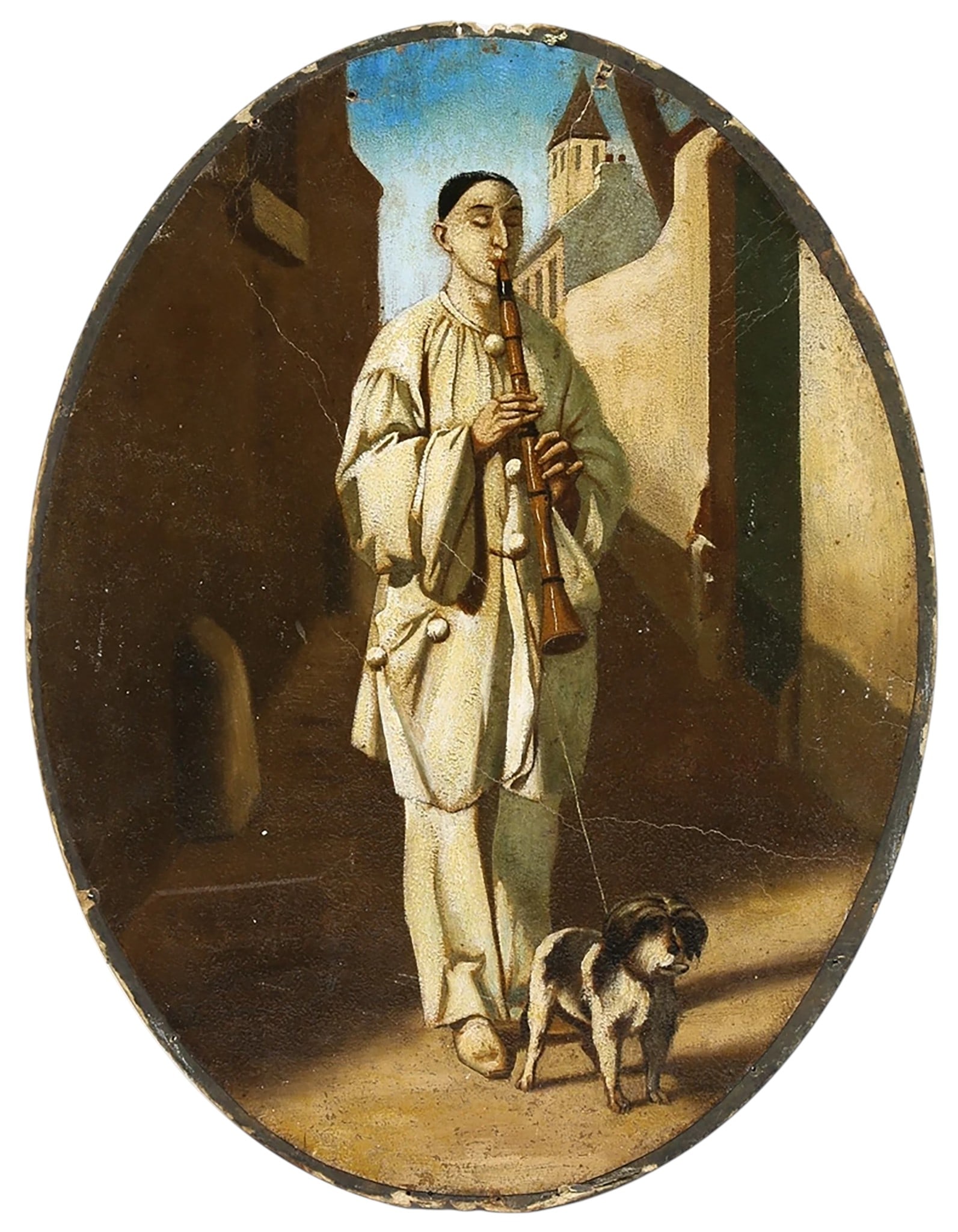 ATTRIBUTED TO JEAN PEZOUS (France, 19th century) - Pierrot le musicien (c.1850): Oil on cardboard. Dimensions: 16 × 12.25 in (approx. 40.6 × 31.1 cm). The work depicts Pierrot the musician, an emblematic character of the Commedia dell'arte, traditionally associated with melancho