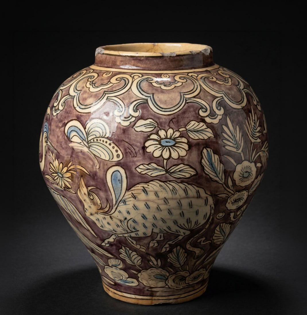 Persian vase with Chinese influences, Persia, 18th century: Glazed and painted ceramic. Measures 29 cm in height. Elegant 18th-century Persian globular vessel decorated with rich, oriental-inspired ornamentation, combining fantastical birds, exotic animals, fl