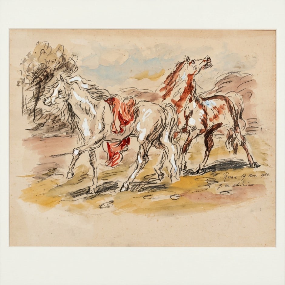 GIORGIO DE CHIRICO (Volos, 1888 – Rome, 1978) Attributed - Cavalli in libertà: Mixed media on cardboard. Dimensions: 31 x 37 cm. An interesting autograph composition by Giorgio de Chirico, depicting horses in freedom, a recurring theme in the work of this master of Italian metap