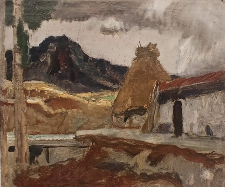 GERMAN EXPRESSIONIST OF THE EARLY 20TH CENTURY - View of a rural landscape: Oil on panel. Dimensions: 33 x 40 cm. An interesting rural landscape in the Expressionist style, painted by a German artist in the early 20th century, depicting a countryside scene with a stable and h