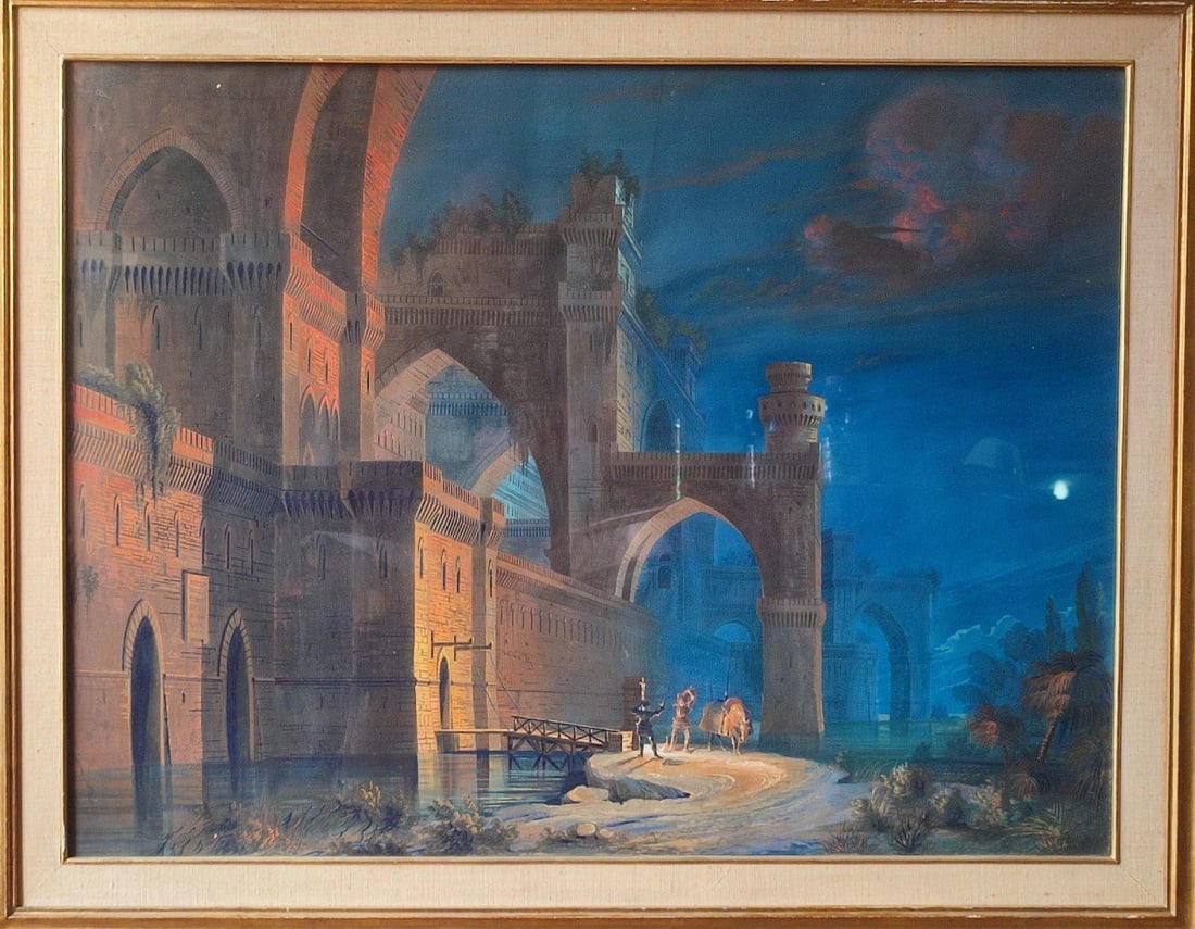 ATTRIBUTED TO IPPOLITO CAFFI (Belluno, 1809 – Lissa, 1866) - Duello al chiaro di luna: Tempera on cardboard. Dimensions: 67 x 90 cm. An interesting composition of Romantic character attributed to the Italian painter Ippolito Caffi, renowned for his refined vedute and nocturnal scenes wi