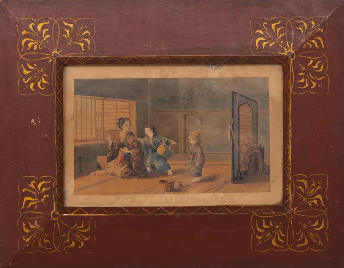 19TH CENTURY JAPANESE SCHOOL - Family Scene: Mixed media on rice paper. Dimensions: 22 x 38.5 cm. A delicate composition belonging to the 19th-century Japanese school, depicting a refined family scene within an intimate and everyday setting. The