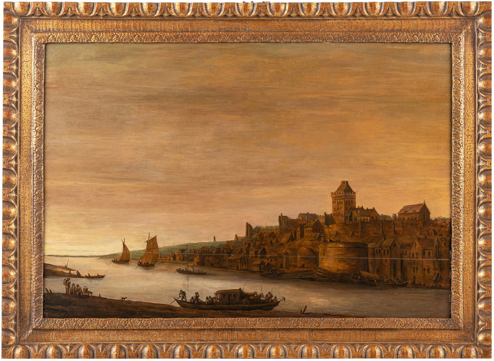 Follower of JAN VAN GOYEN (Leiden 1596 – The Hague, 1656) - Port at sunset, 18th century: Oil on mounted panel. Dimensions: 67 × 100 cm. Evocative Flemish painting on wood depicting a harbor with boats at sunset and a windmill in the background. Dutch work from the mid-17th century, from 
