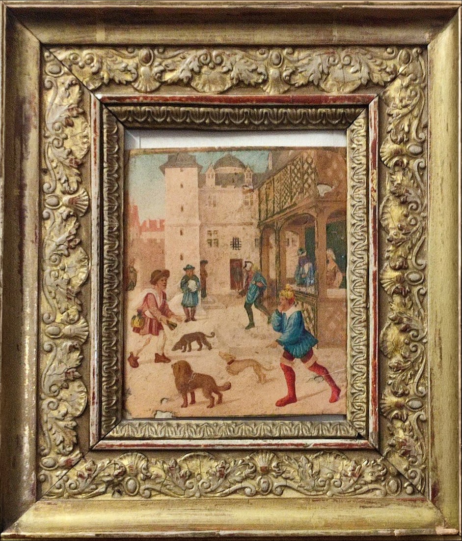 Flemish or French School of the 15th Century. Distribution of food, miniature from a Book of Hours,: Miniature on parchment. Dimensions: 10.5 × 9 cm. The work comes from a Book of Hours, a type of devotional manuscript widely circulated in Europe during the Late Middle Ages and intended for the priv