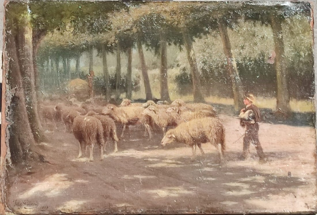Filippo Palizzi (Vasto, 1818–1899) – The Shepherd and His Sheep: Oil on canvas, painted in 1859, measuring 56 × 38 cm. The work depicts a young shepherd leading a flock of sheep along a tree-lined avenue, rendered with naturalistic observation and careful attentio