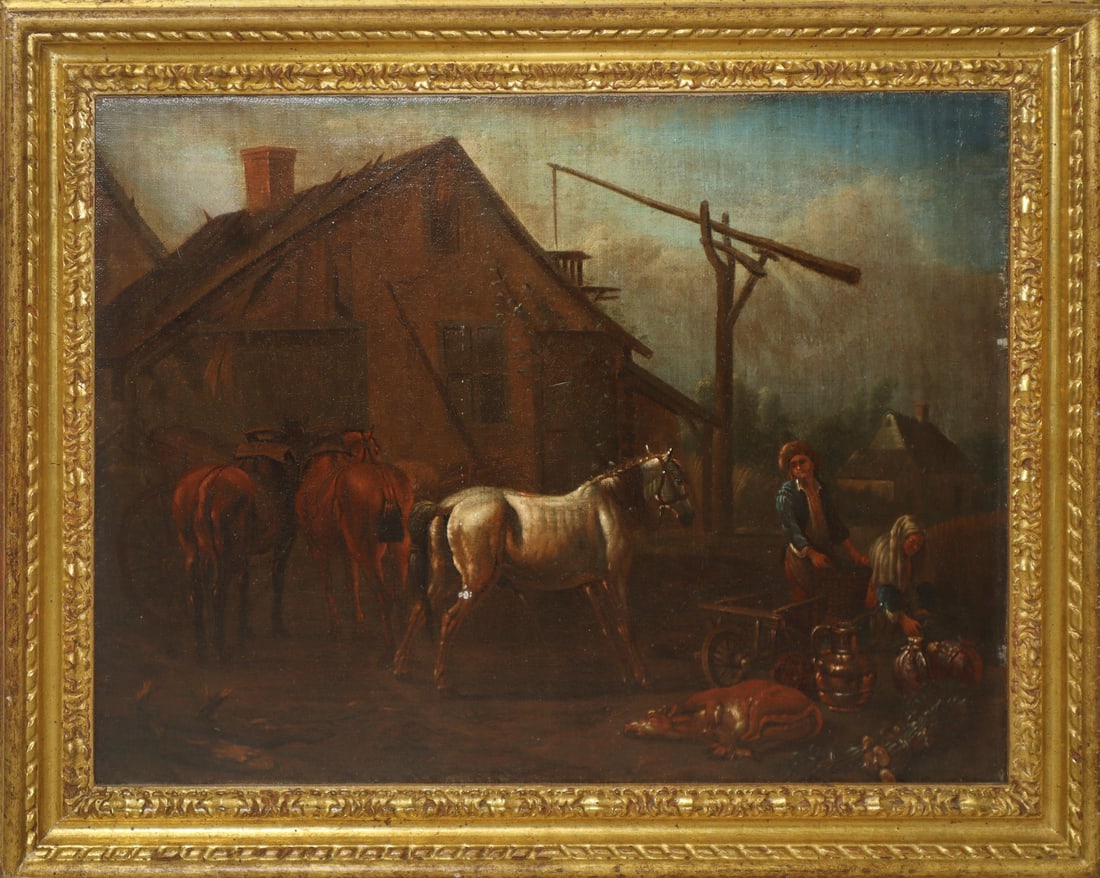 Michelangelo Cerquozzi (Rome, 1602 – 1660) - Former inn for changing horses: Oil on canvas. Dimensions: 44 × 58 cm; with frame: 57 × 70 cm. Published as an autograph work by Michelangelo Cerquozzi in the text of Briganti-Trezzani Laureate, Sozzio Editore, September 1988. The