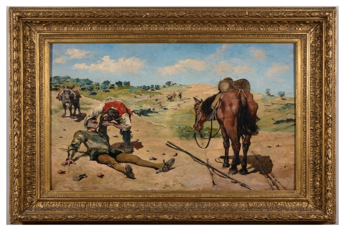 JOSÉ MORENO CARBONERO (Málaga, 1858 – Madrid, 1942) – The Broken Tooth: Oil on panel. Dimensions: 30.48 × 48.26 cm; dimensions with frame: 40.64 × 63.5 cm. Signed in the lower left corner. This intriguing composition by José Moreno Carbonero, known as "The Broken Tooth