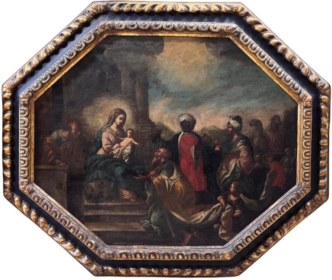 Neapolitan or Sicilian master from the circle of Luca Giordano, 17th century – Adoration of the: Oil on canvas. Dimensions: 95 × 120 cm. This important Baroque painting depicts the Adoration of the Shepherds, one of the most significant episodes in the Nativity cycle, rendered with a dynamic and