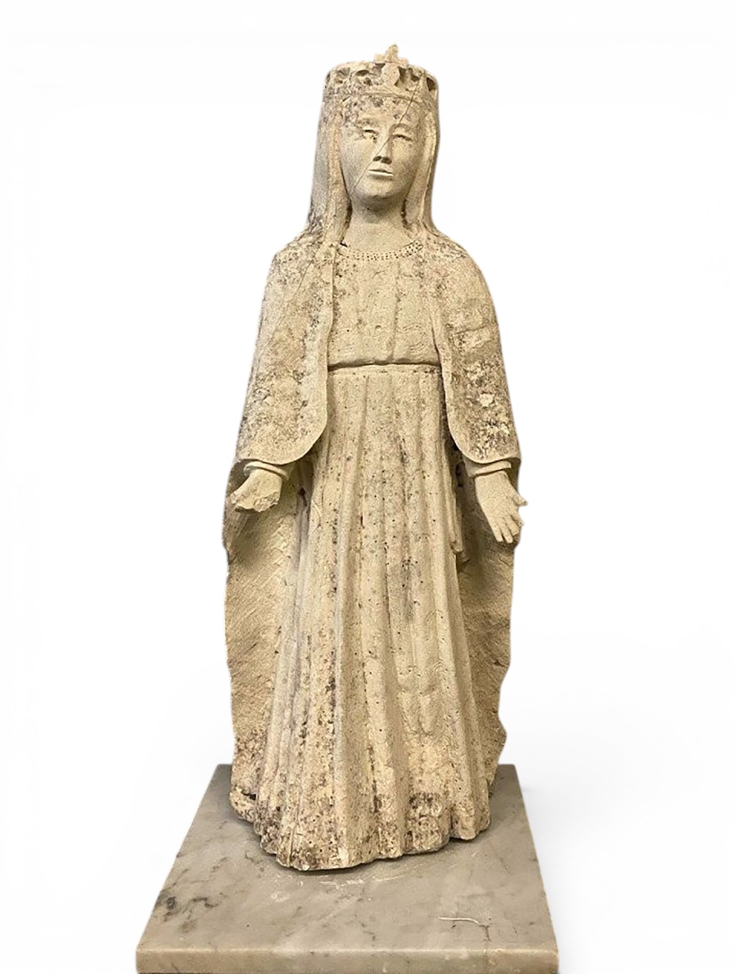 Gothic Virgin Mary in prayer, crowned, central Italy or France, late 14th - early 15th century: Carved sandstone. Dimensions: 74.5 × 28 × 20 cm. An interesting Gothic sculpture depicting the Virgin Mary in prayer, crowned and facing forward with her hands positioned in prayer and intercession.