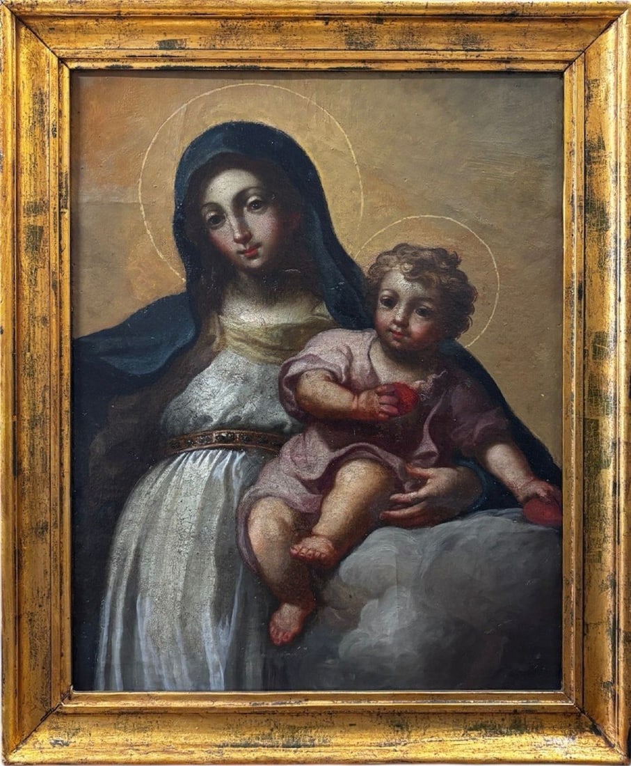18th Century Sicilian or Neapolitan Master - Madonna and Child: Oil on canvas. Dimensions: 81 × 67 cm. This interesting 18th-century Sicilian school painting depicts the Virgin and Child in a composition of great delicacy and profound devotional character. The wo