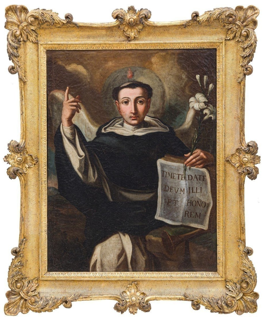 FRANCESCO SOLIMENA (Canale di Serino, 1657 – Barra, 1747), workshop – San Vicente Ferrer: Oil on canvas. Dimensions: 99 × 75 cm; dimensions with frame: 132 × 110 cm. This important painting, created in the workshop of Francesco Solimena, one of the leading figures of the Neapolitan Baroq