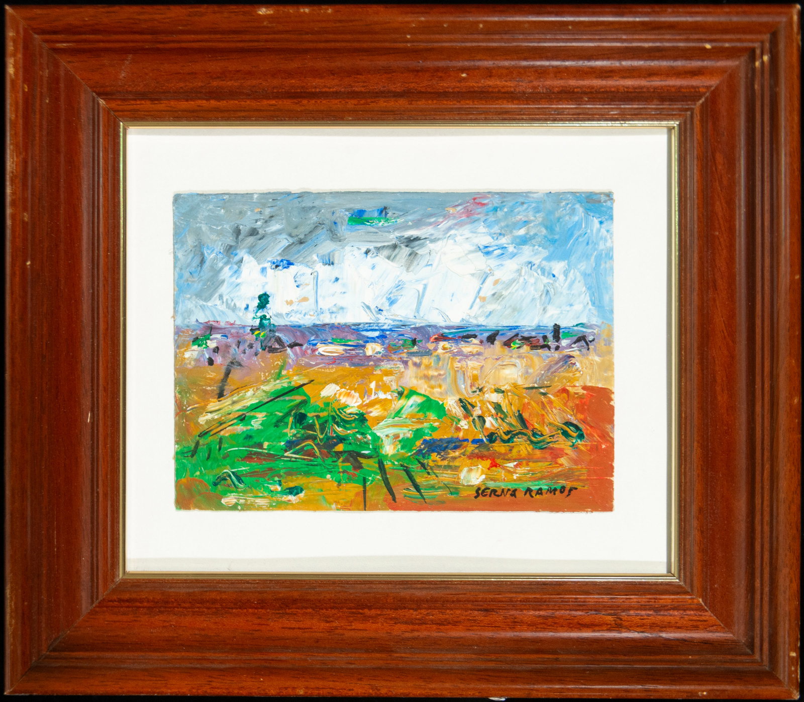 Abstract landscape, signed José Antonio Serna Ramos, contemporary Spanish school, 20th century: Oil on paper. An abstract scene conceived with broad, gestural brushstrokes and an intense chromatic vibrancy that transforms the landscape into a sensory and atmospheric experience. Bands of blue, gr