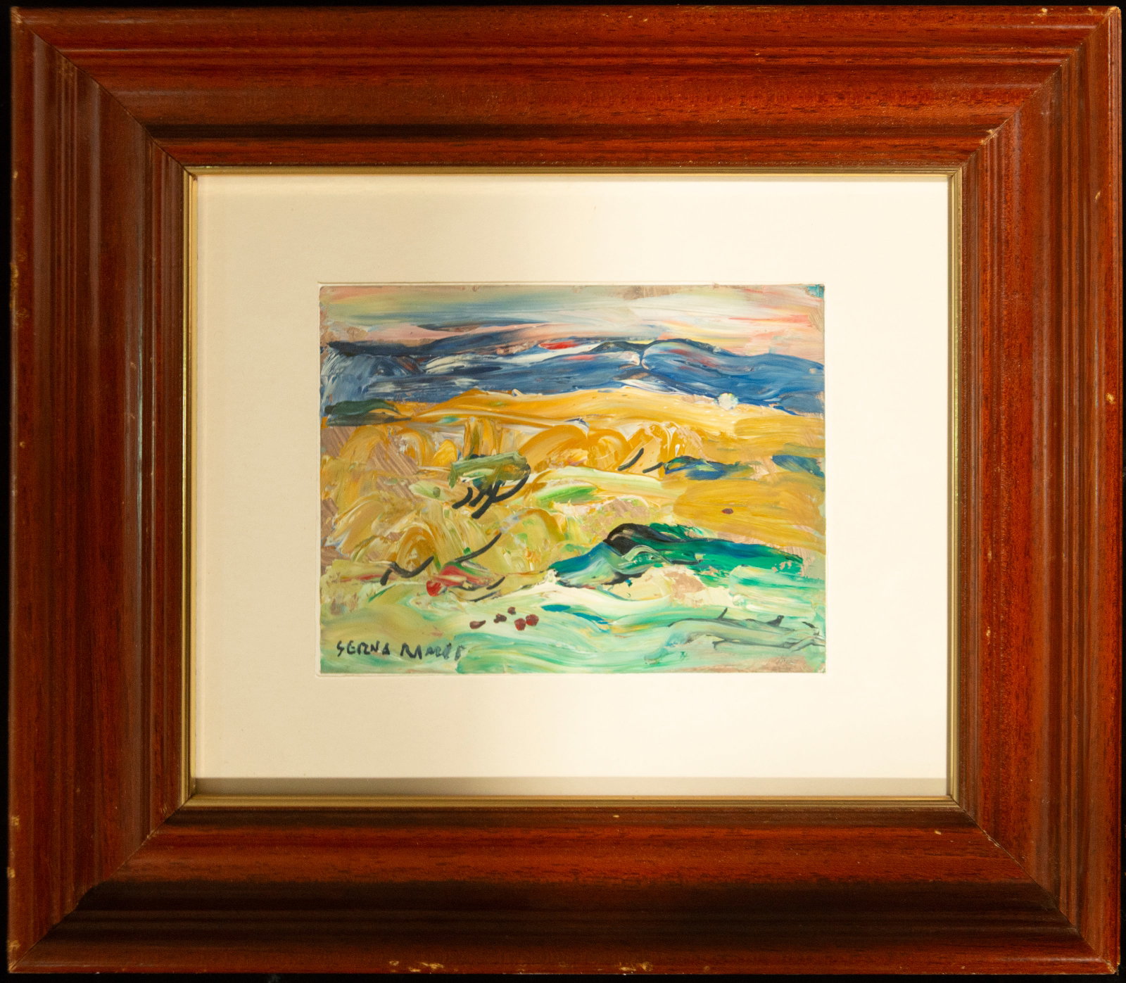 Abstract landscape, signed José Antonio Serna Ramos, contemporary Spanish school, 20th century: Oil on paper. An abstract composition with a suggested landscape, articulated through large fields of yellow, blue, and green rendered with broad, spontaneous brushstrokes. The artist creates a lumino