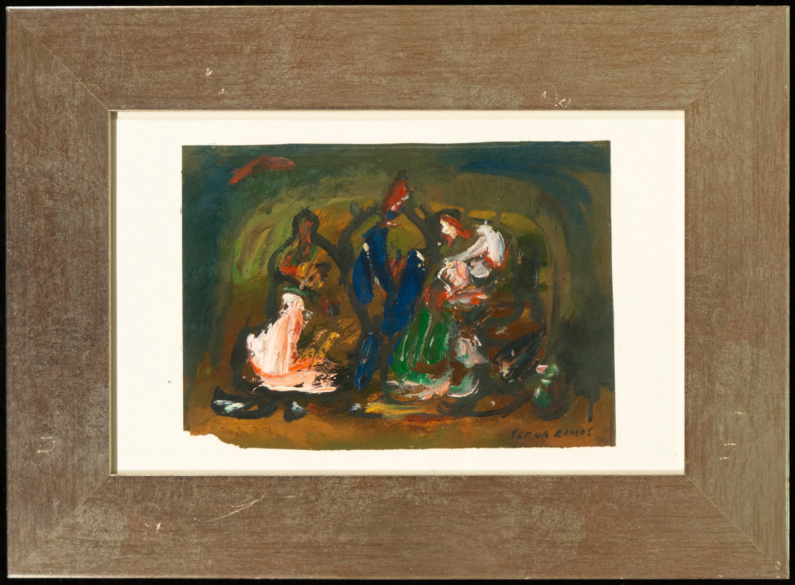 Abstract seascape, Signed José Antonio Serna Ramos, Contemporary Spanish School, 20th Century: Oil on paper. An abstract marine scene constructed with vigorous patches of color and free brushstrokes that suggest figures, boats, and reflections on a nocturnal aquatic environment. The composition