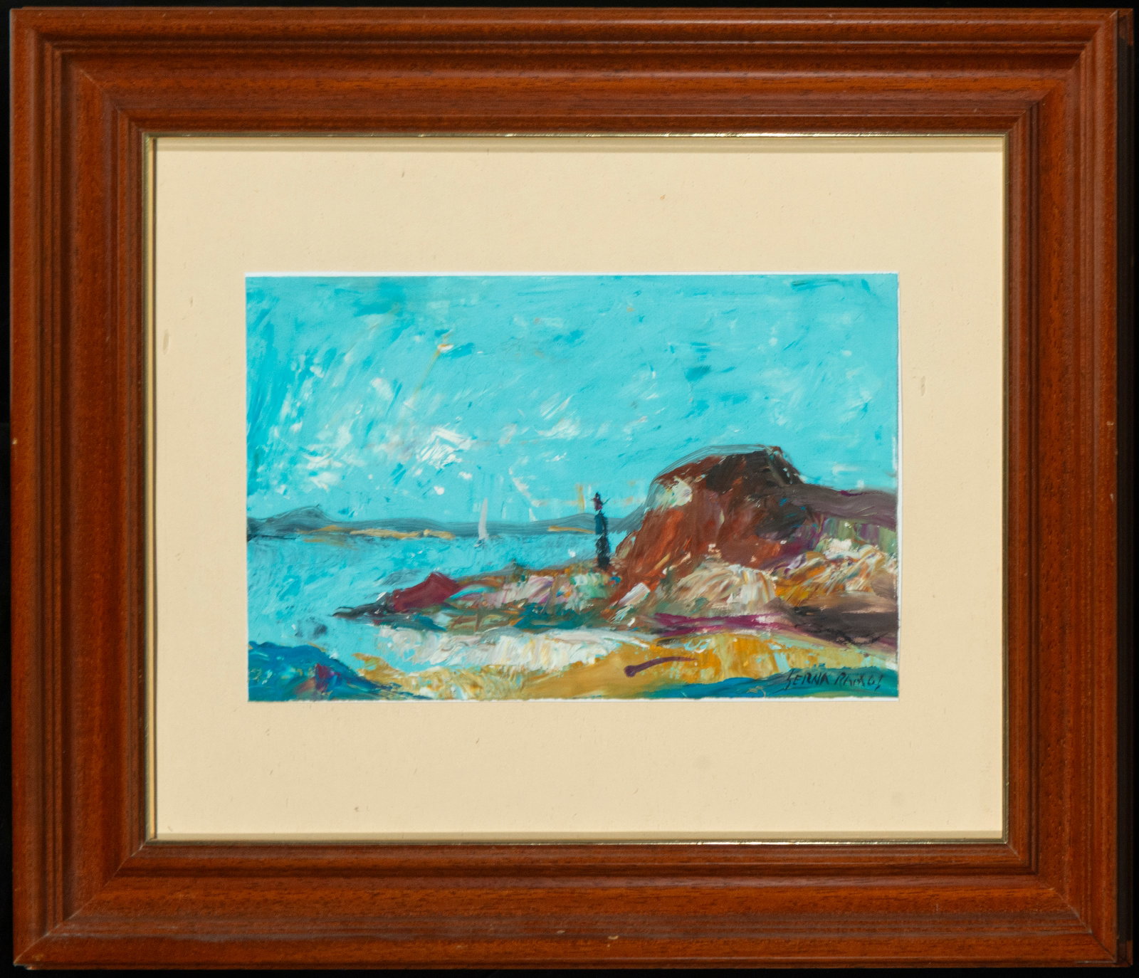 The Lighthouse, Signed José Antonio Serna Ramos, Contemporary Spanish School, 20th Century: Oil on paper. Dimensions: 24 x 17 cm / 42 x 37 cm. An expressionistic landscape composition centered on a rocky coastline dominated by the silhouette of a lighthouse against an open sea horizon. The s