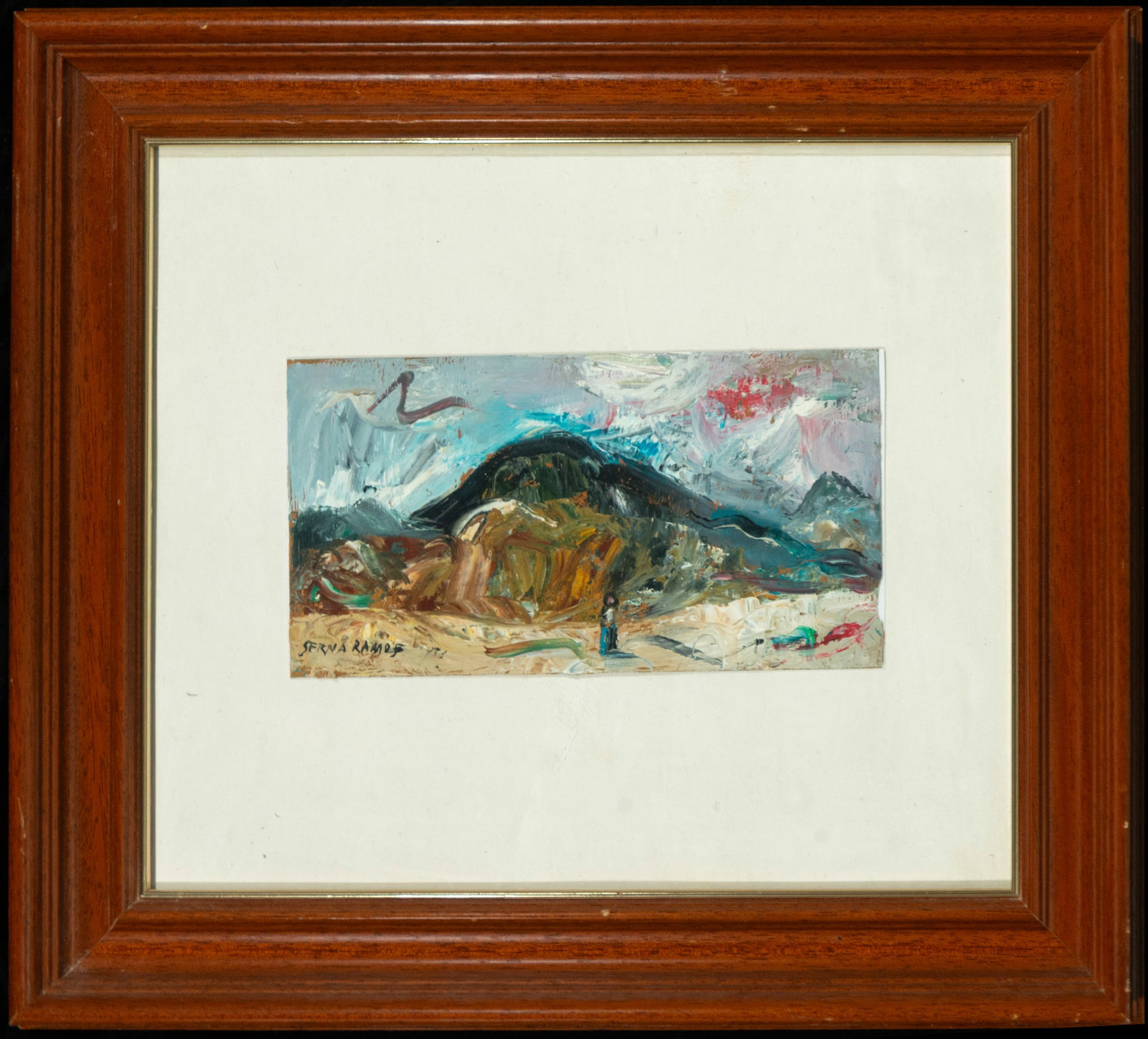 Landscape, Signed José Antonio Serna Ramos, Contemporary Spanish School, 20th Century: Oil on paper. Dimensions: 23 x 12 cm / 42 x 37 cm. A freely interpreted landscape scene constructed through a succession of impasto and gestural brushstrokes that define a central hill dominating a wi