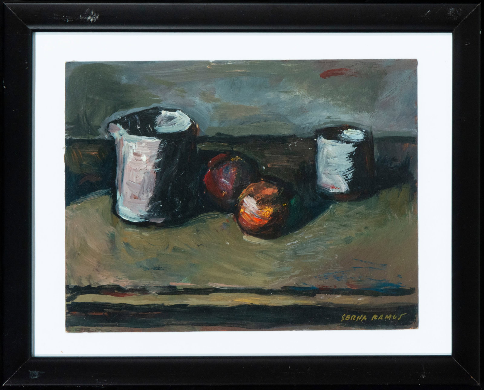 Still Life with Glasses and Fruit, Signed José Antonio Serna Ramos, Contemporary Spanish School,: Oil on paper. Approximate dimensions visible. Still life of restrained composition, articulated by two cylindrical containers and several fruits arranged on a barely suggested horizontal surface. The 
