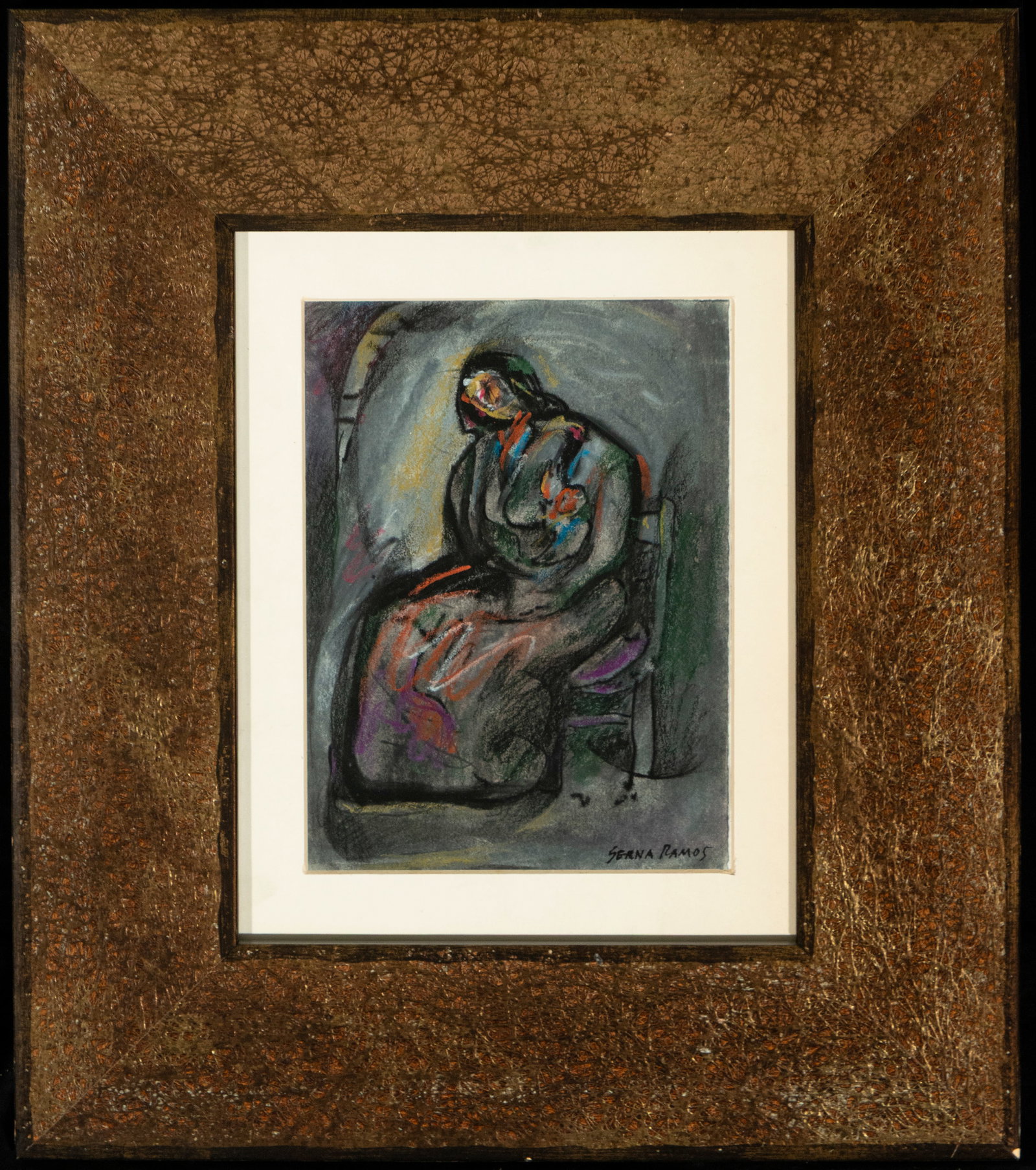 Seated female figure, Signed José Antonio Serna Ramos, Contemporary Spanish School, 20th Century: Pastel or mixed media on paper. Dimensions not visible. Figurative composition of a markedly introspective character, centered on a seated female figure, constructed with synthetic lines and broad chr