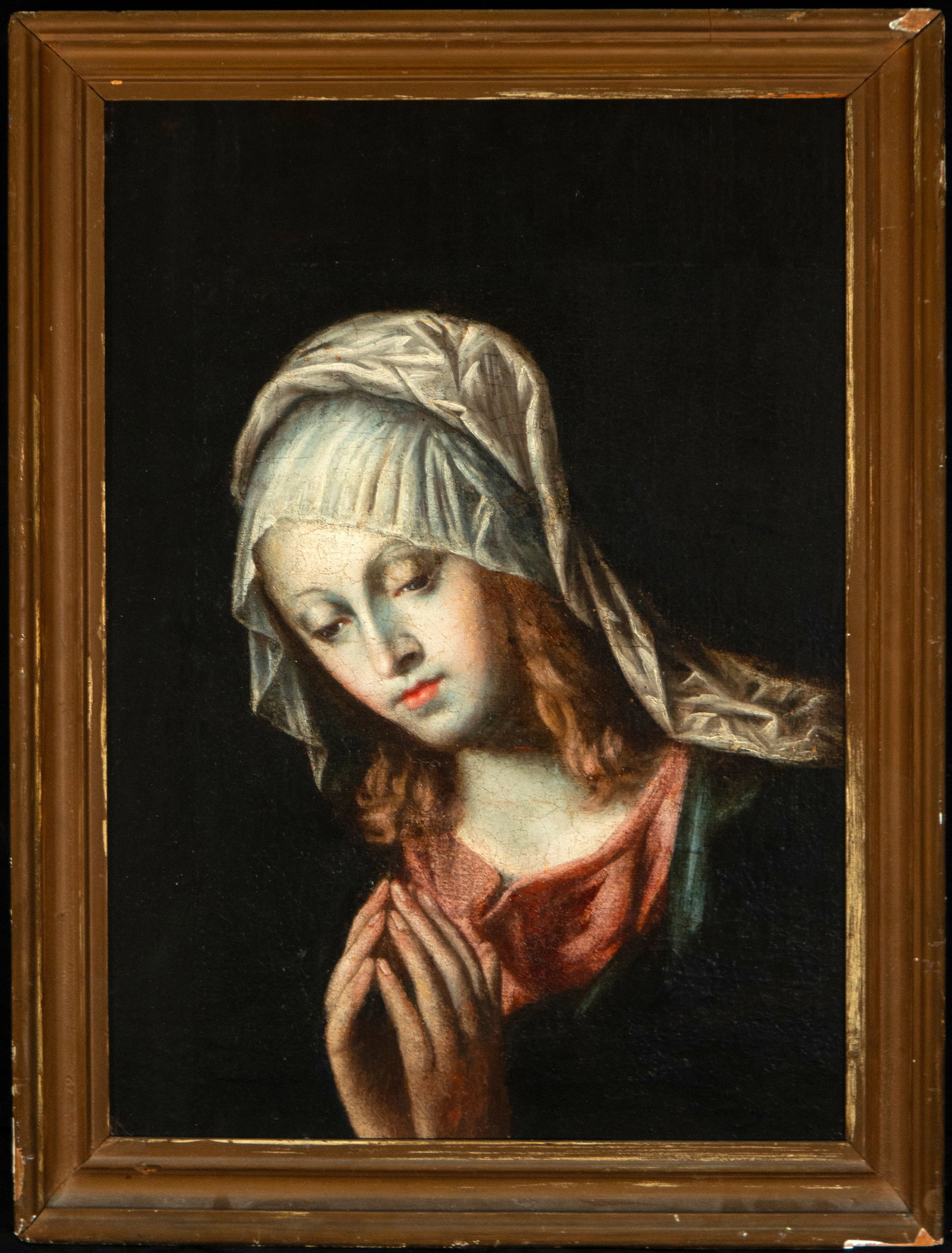 Virgin in Prayer, Follower of Giovanni Battista Salvi da Sassoferrato, Italian School, 17th Century: Oil on canvas. A delicate depiction of the Virgin Mary in prayer and contemplation, inspired by the celebrated devotional models of Giovanni Battista Salvi da Sassoferrato. The figure gently inclines 