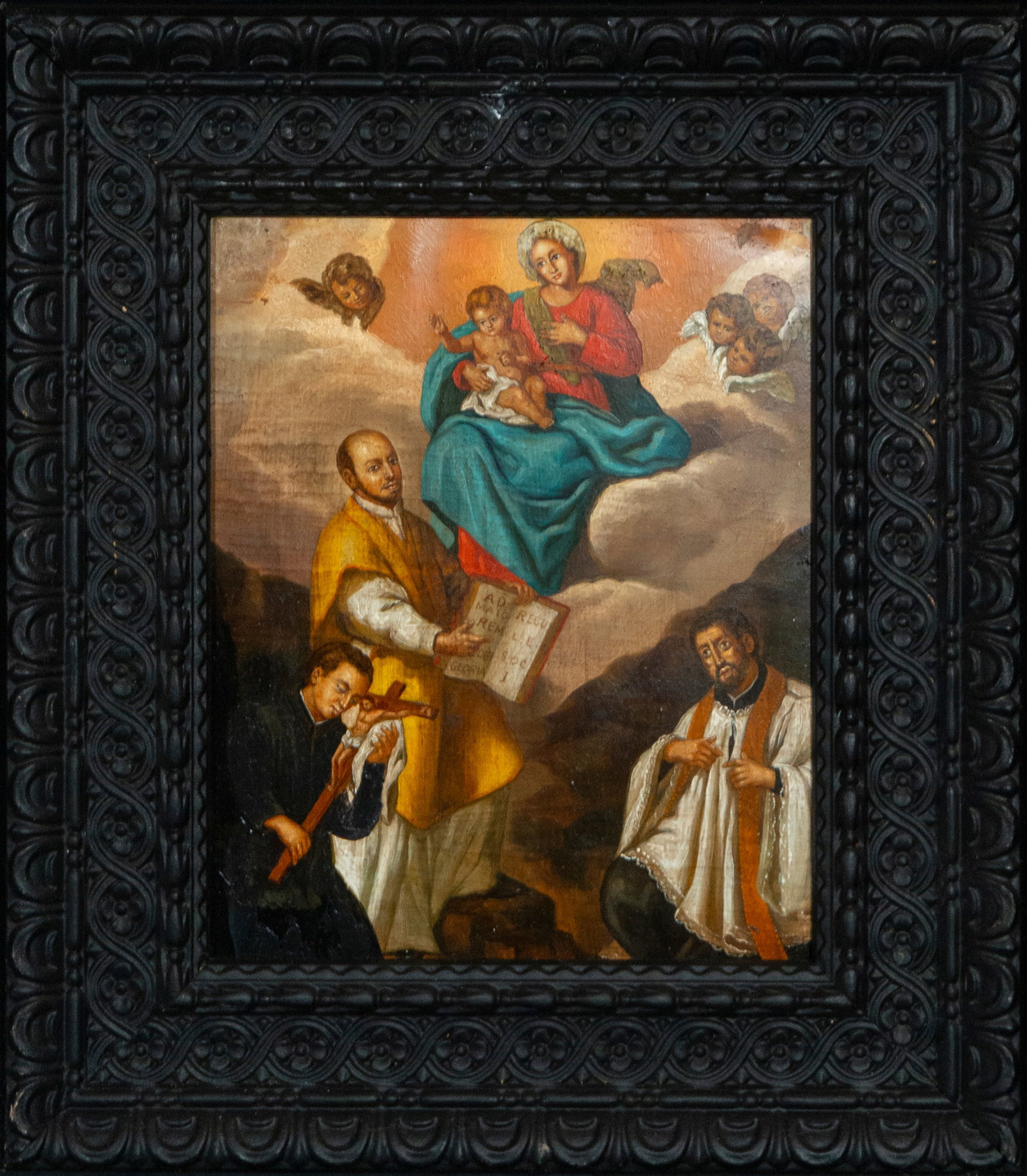Saints John Nepomucene, Ignatius of Loyola and Dominic of Guzman facing Mary, 19th century: Measurements: 25cm x 20cm; 38cm x 34cm.