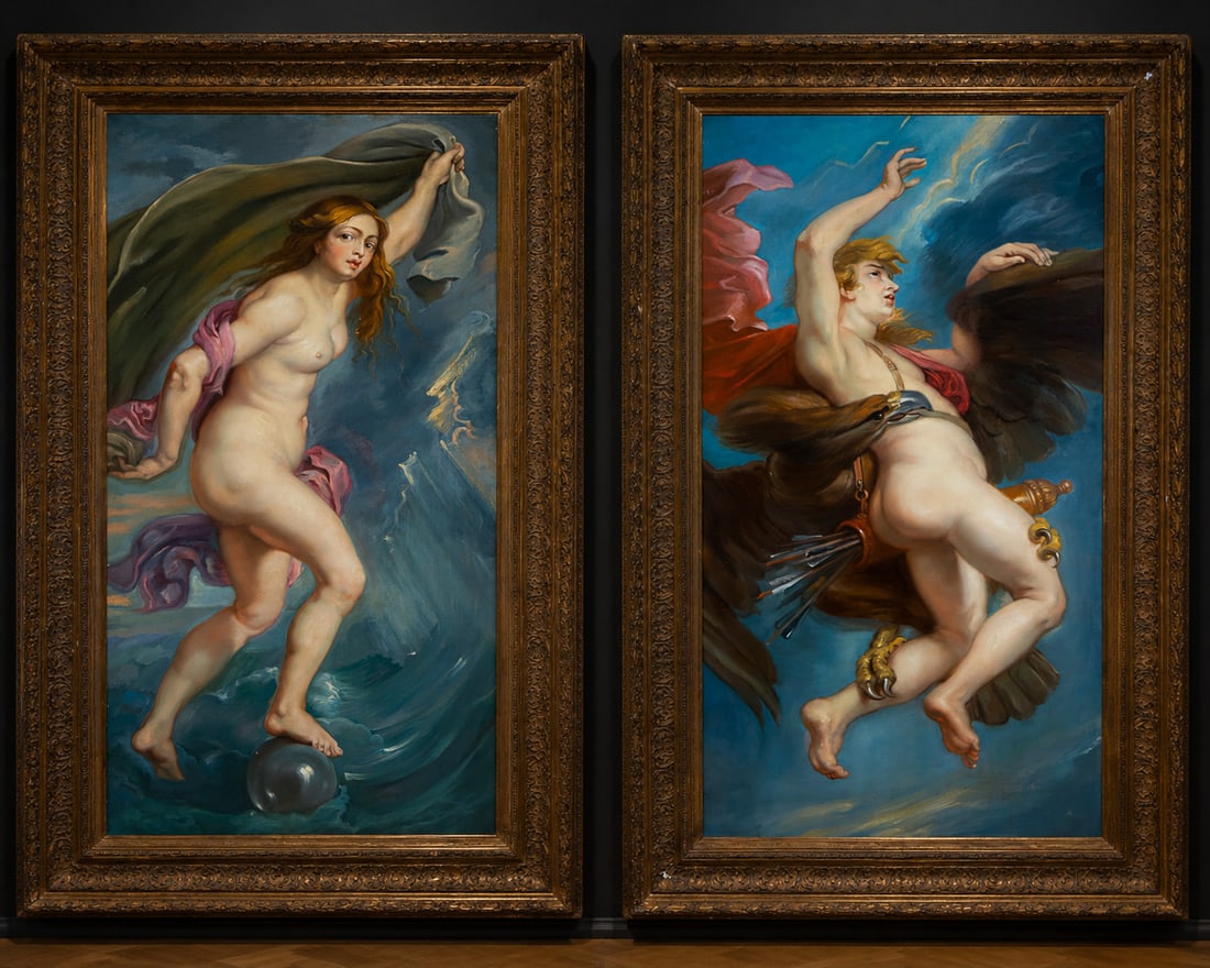 Large Decorative Pair of Greek Mythological Characters on Canvas, 19th Century: Measurements: 104cm x 56cm; 123cm x 80cm. Each