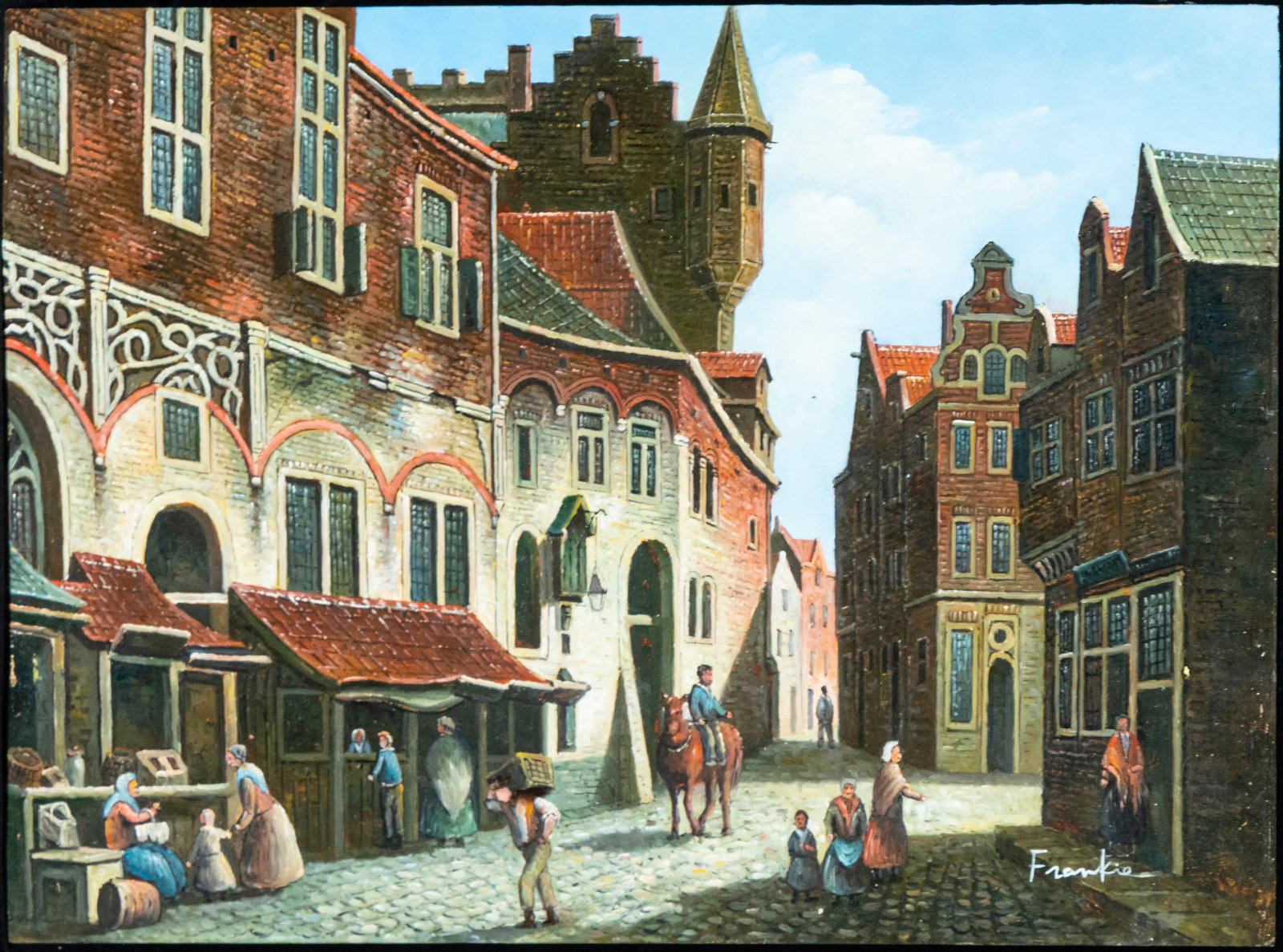 English Tudor Market. 20th Century European School; signed Frankie: Measurements: 41 cm x 31 cm.