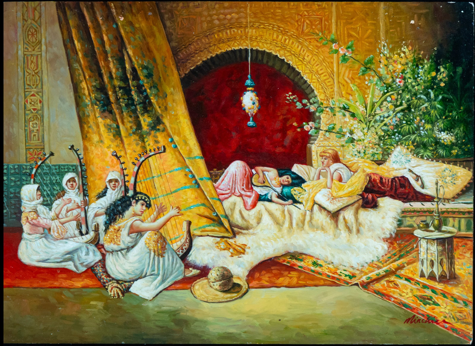 Harem Scene with an Odalisque and Musicians, Signed, European Orientalist School, 20th Century: Measurements: 41 cm x 31 cm.