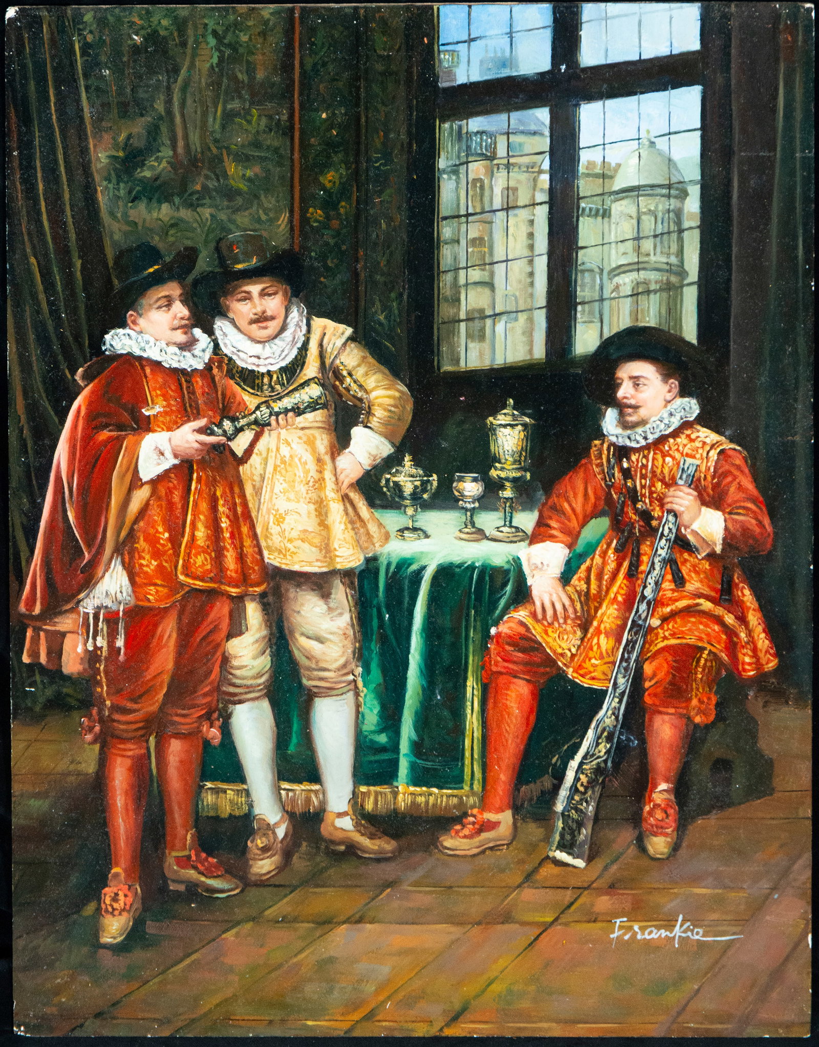 Historical scene of musketeers, 20th century, signed Frankie: Measurements: 41 cm x 31 cm.