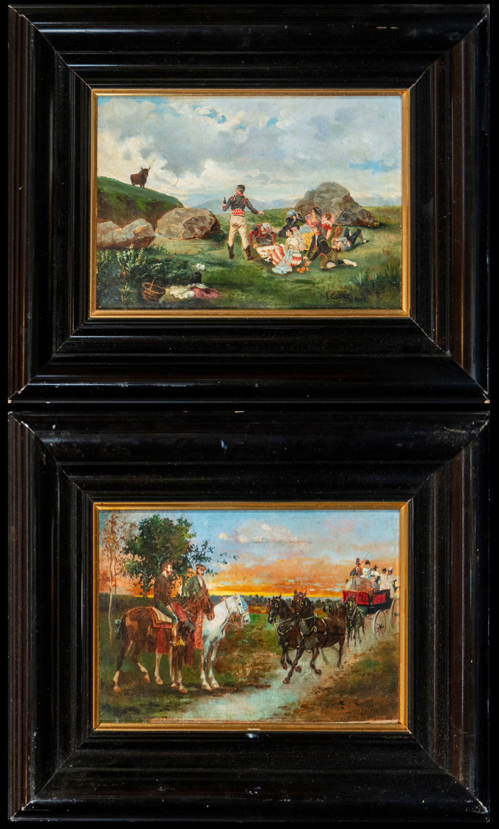 Pair of signed 19th-century scenes on canvas: Measurements: 31cm x 21cm; 50cm x 40cm.
