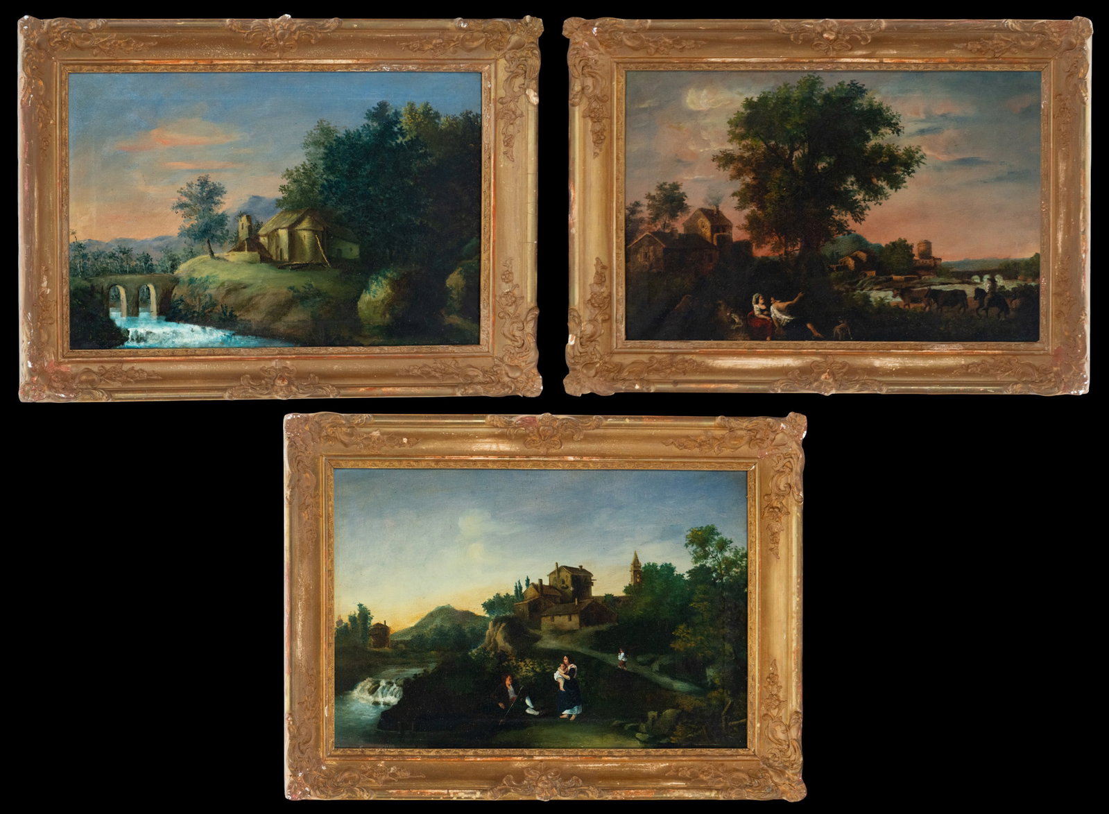 Rural landscapes. Italian school. 19th century.: Oil on canvas. Dimensions: 52 x 33 cm and 60 x 43 cm. A set of three bucolic landscape scenes featuring balanced compositions with rural architecture, human figures, and animals integrated into a natu