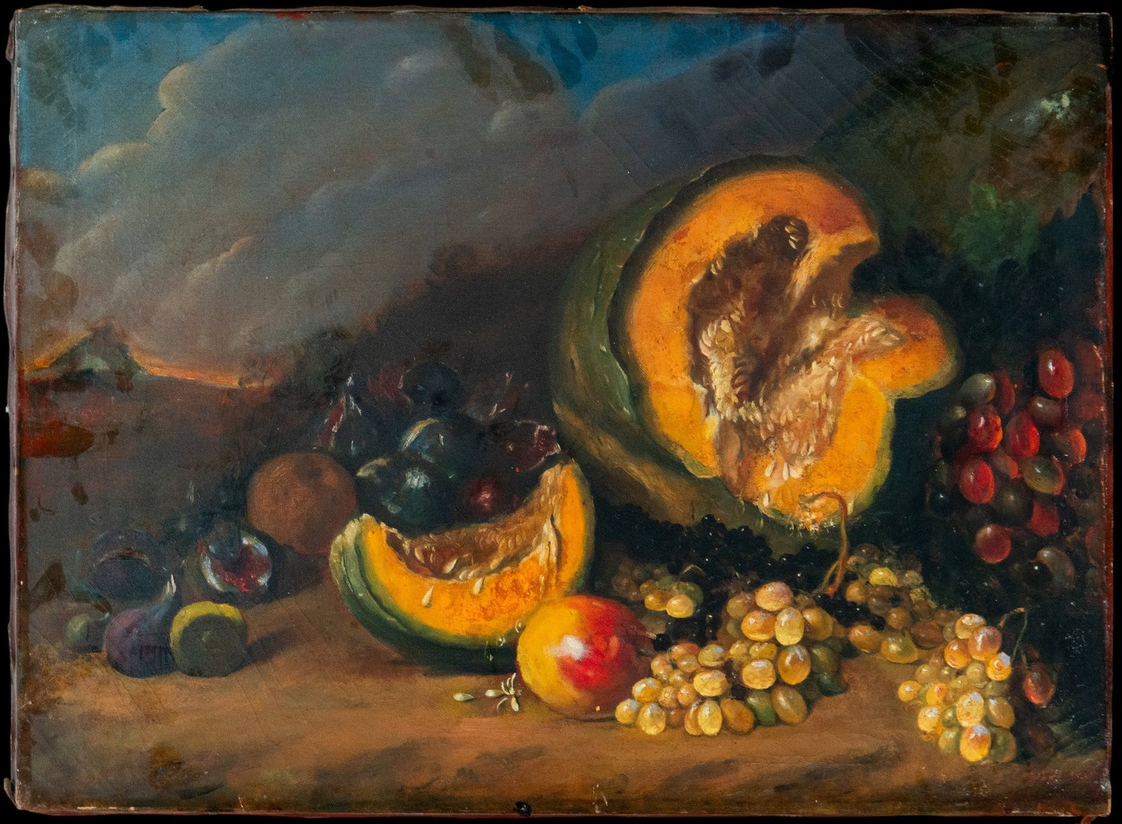 Still life of fruit with pumpkin. Signed, European School. 19th century.: Oil on canvas. Measurements: 70 x 49 cm.