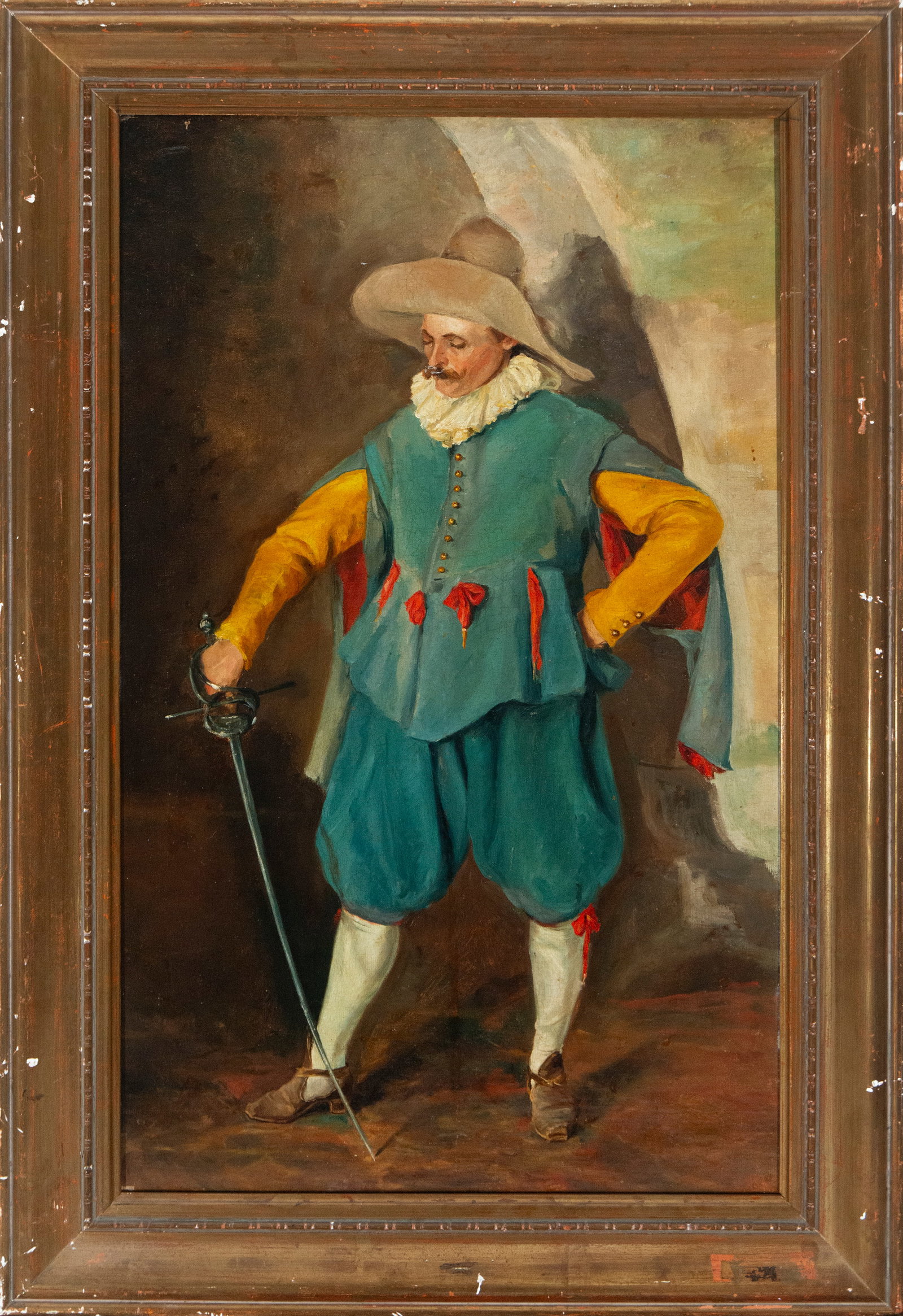 MUSKETEER - FRENCH SCHOOL 19th Century.: Oil on canvas. Dimensions: 80 x 48 cm unframed, 96 x 63 cm framed. The central figure is depicted full-length, proudly carrying a sword and dressed in a striking blue-green doublet, puffed breeches, a