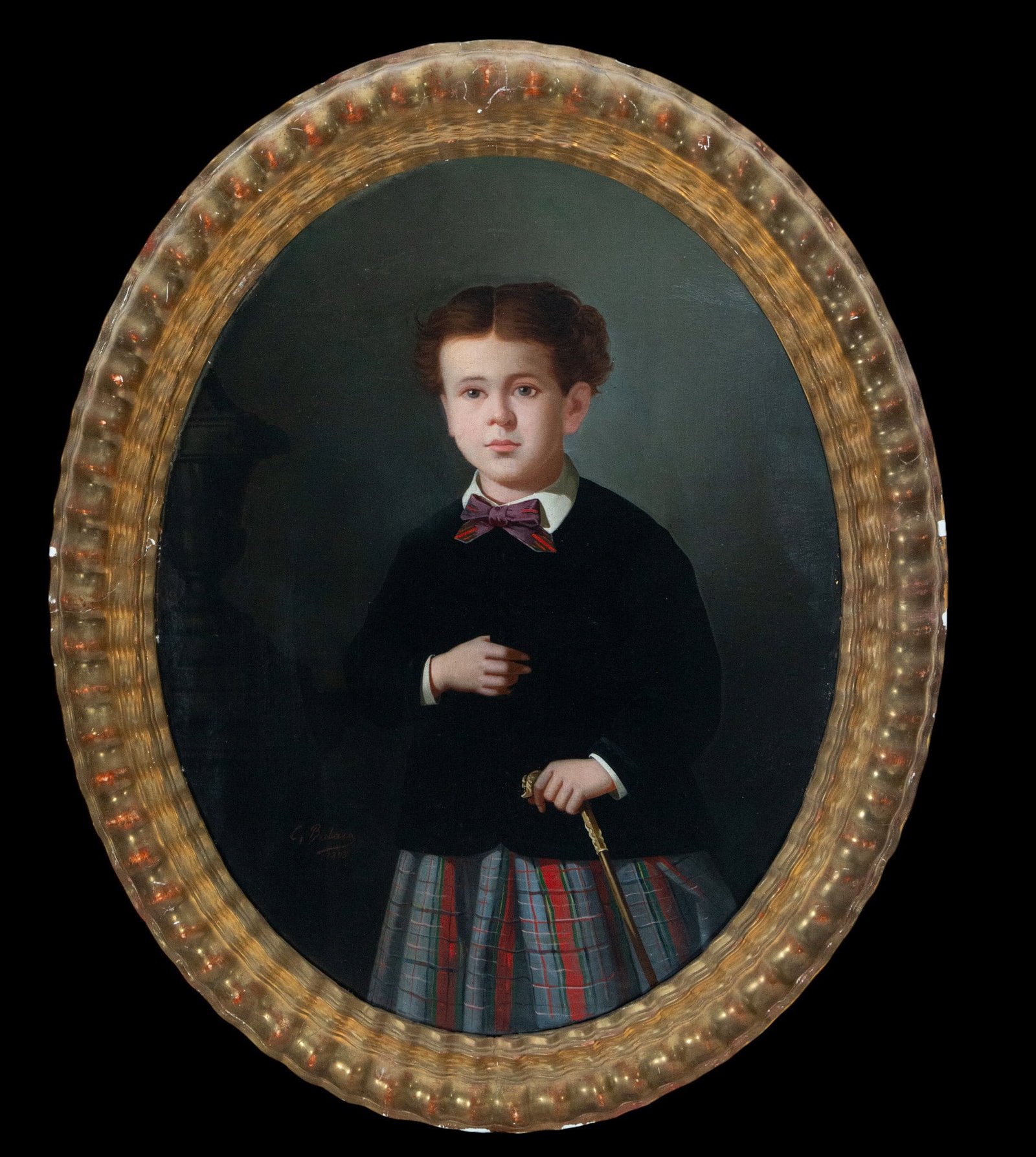 Portrait of a boy with a walking stick. Signed G. Palazzi. Italian School. 19th century.: Oil on oval canvas. Dimensions: 86 x 63 cm (unframed), 103 x 83 cm (framed). The portrait depicts a boy from a wealthy family in a frontal pose, slightly turned to his left, with a serene expression a