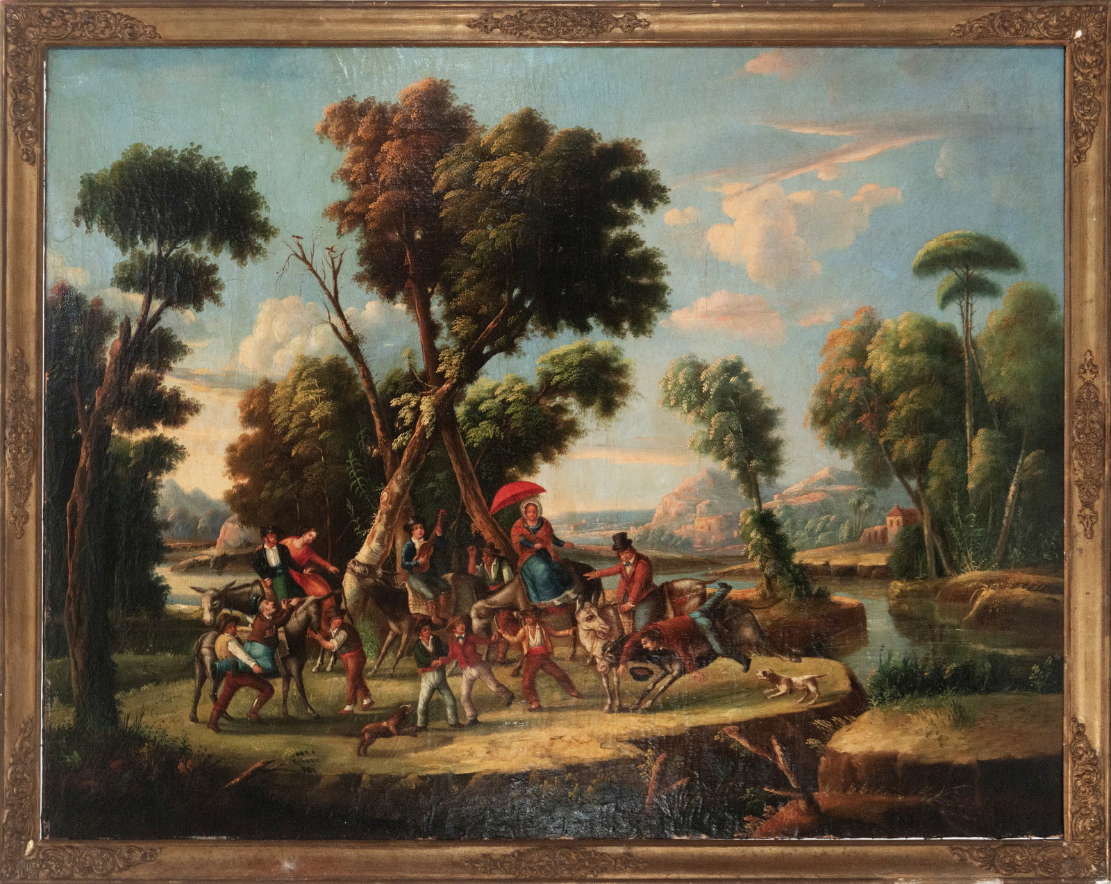 Courtship in a river landscape. Italian Romantic school. 19th century.: Oil on canvas. Dimensions: 126 x 96 cm and 138 x 105 cm. The composition unfolds a bucolic scene enlivened by a group of figures in a procession on donkeys, advancing along a riverside path, surrounde