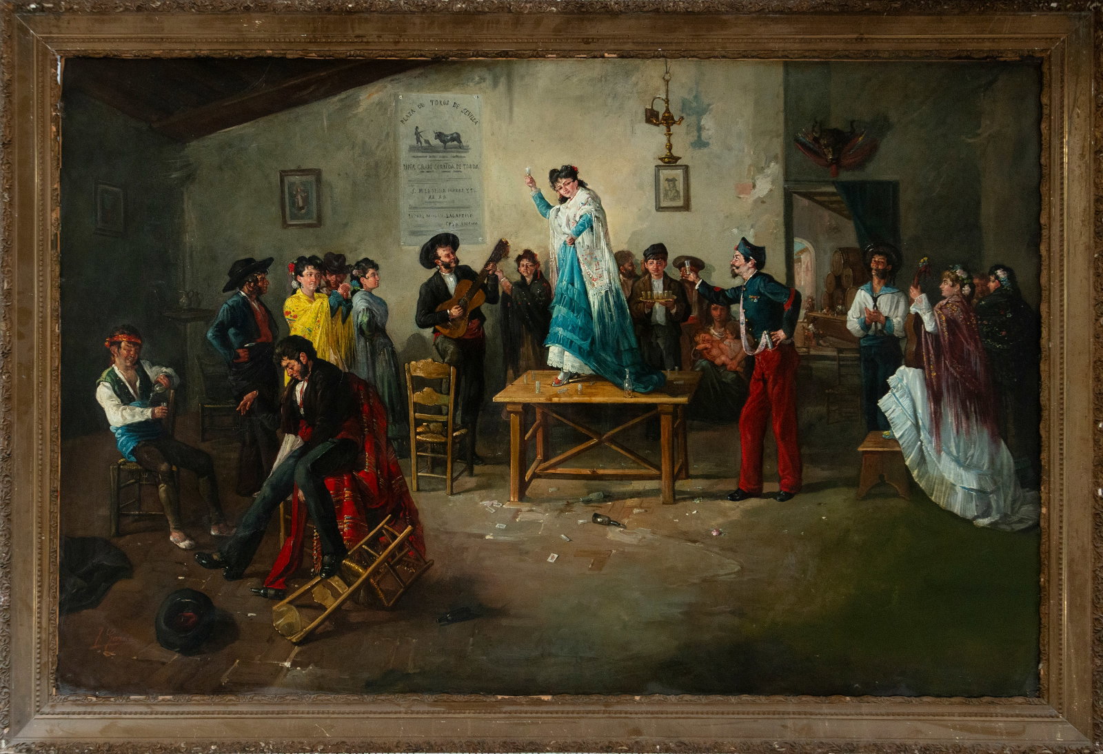 Scene from an Andalusian tavern. Spanish costumbrista school. 19th century: Oil on canvas. Dimensions: 195 x 129 cm and 220 x 150 cm. The work depicts a lively scene in a 19th-century Andalusian tavern, where a woman in a flamenco dress dances on a table while a group of men 