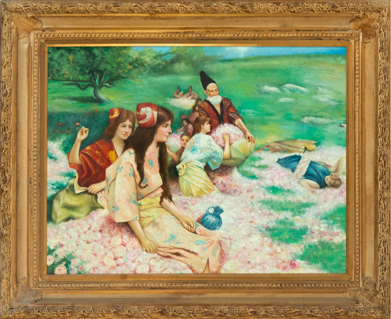 Rose Harvest. Orientalist School. 20th Century: Oil on canvas. Dimensions: 104 x 79 cm (front) / 129 x 102 cm (framed). An Orientalist pastoral scene depicts a group of women in kimonos gathering rose petals under the watchful gaze of a bearded old