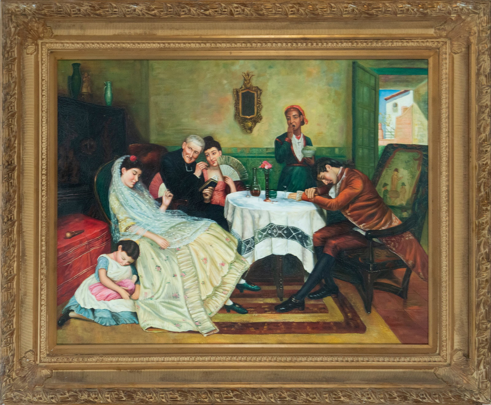 Interior scene with a family group. Spanish School. 19th century: Oil on canvas. Dimensions 103 × 79 cm and 128 × 102 cm. An interior scene depicting a family gathered around a table, with figures in various poses: conversation, rest, and reading. The setting, wit