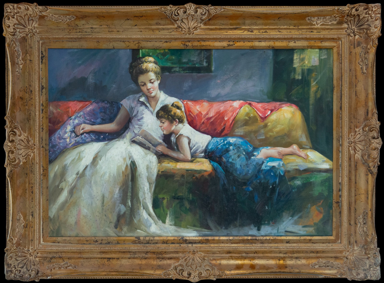 Reading scene. European school. 20th century: Oil on canvas. Dimensions: 83 x 64 cm (light) / 117 x 86 cm (framed). An intimate, genre painting depicting a mother and daughter sharing a moment of reading on a multicolored sofa. The mother, serene
