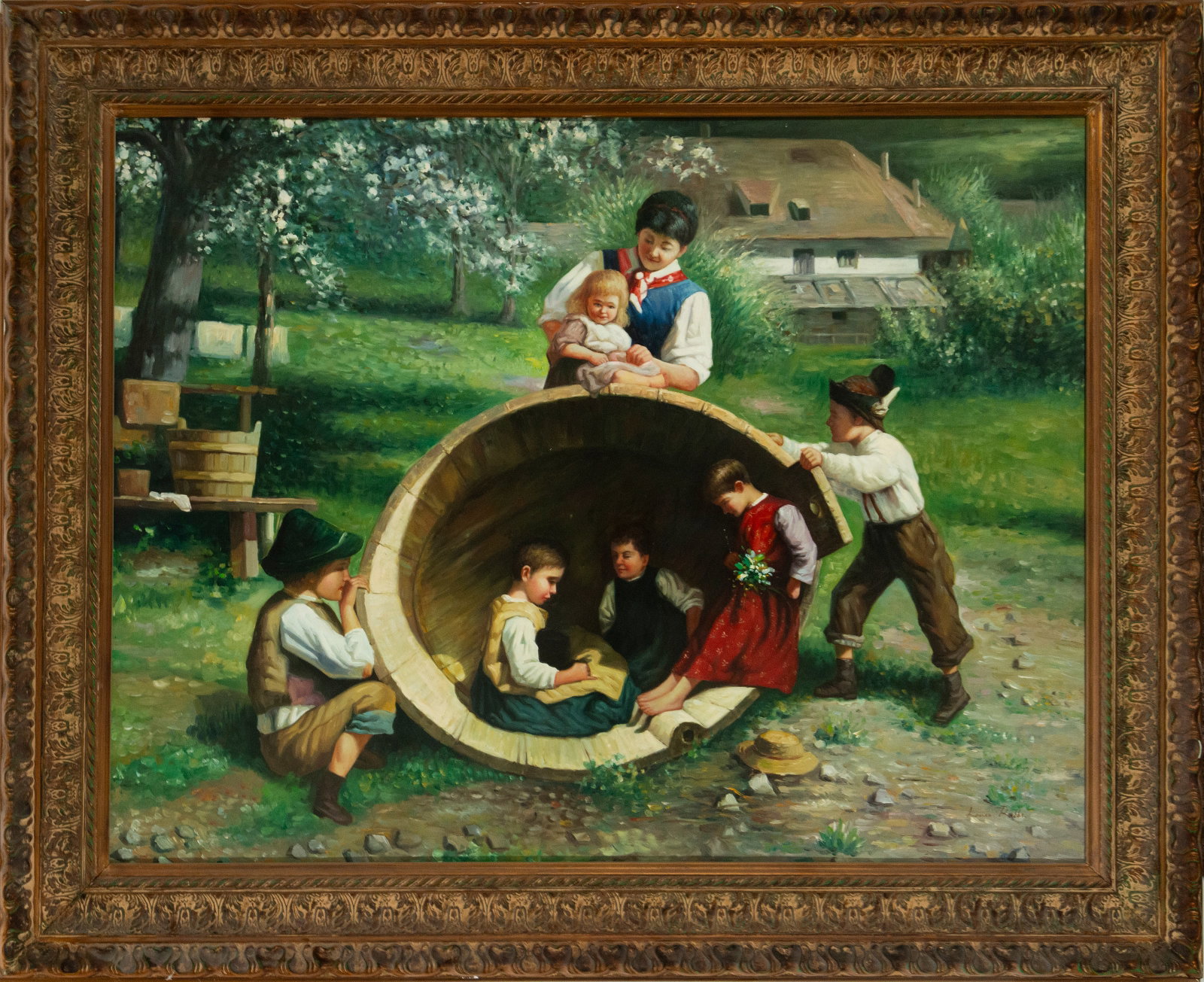 Children playing with barrels. German school. 19th century. Signed V. Grünwald: Oil on canvas. Dimensions: 121 x 81 cm (front) / 148 x 113 cm (framed). Signed in the lower right corner: V. Grünwald. An outdoor children's scene depicts a group of children playing with a wooden tu
