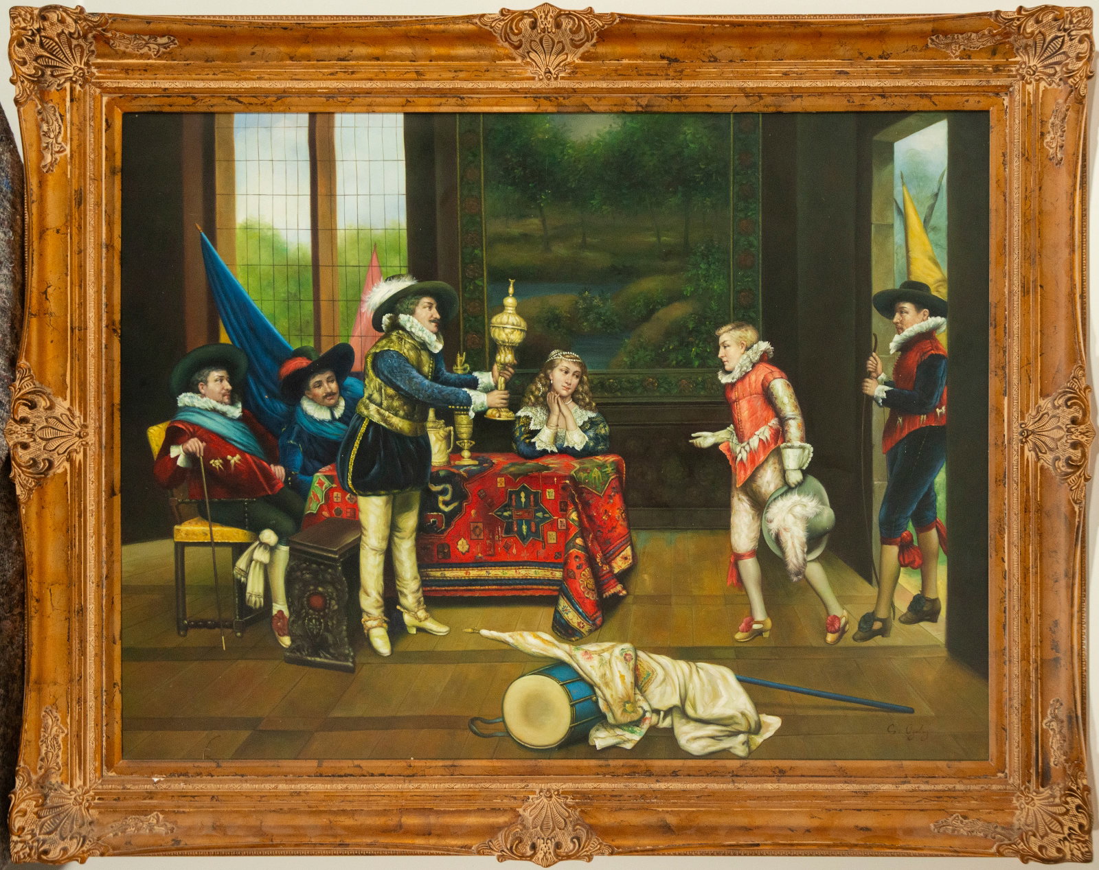 Courtly scene. European school. 19th century. Signed C. Cortes: Oil on canvas. Dimensions: 123 x 84 cm (light) / 144 x 115 cm (framed). Signed in the lower right corner: C. Cortes. This palatial interior depicts a court scene where several gentlemen in Renaissance