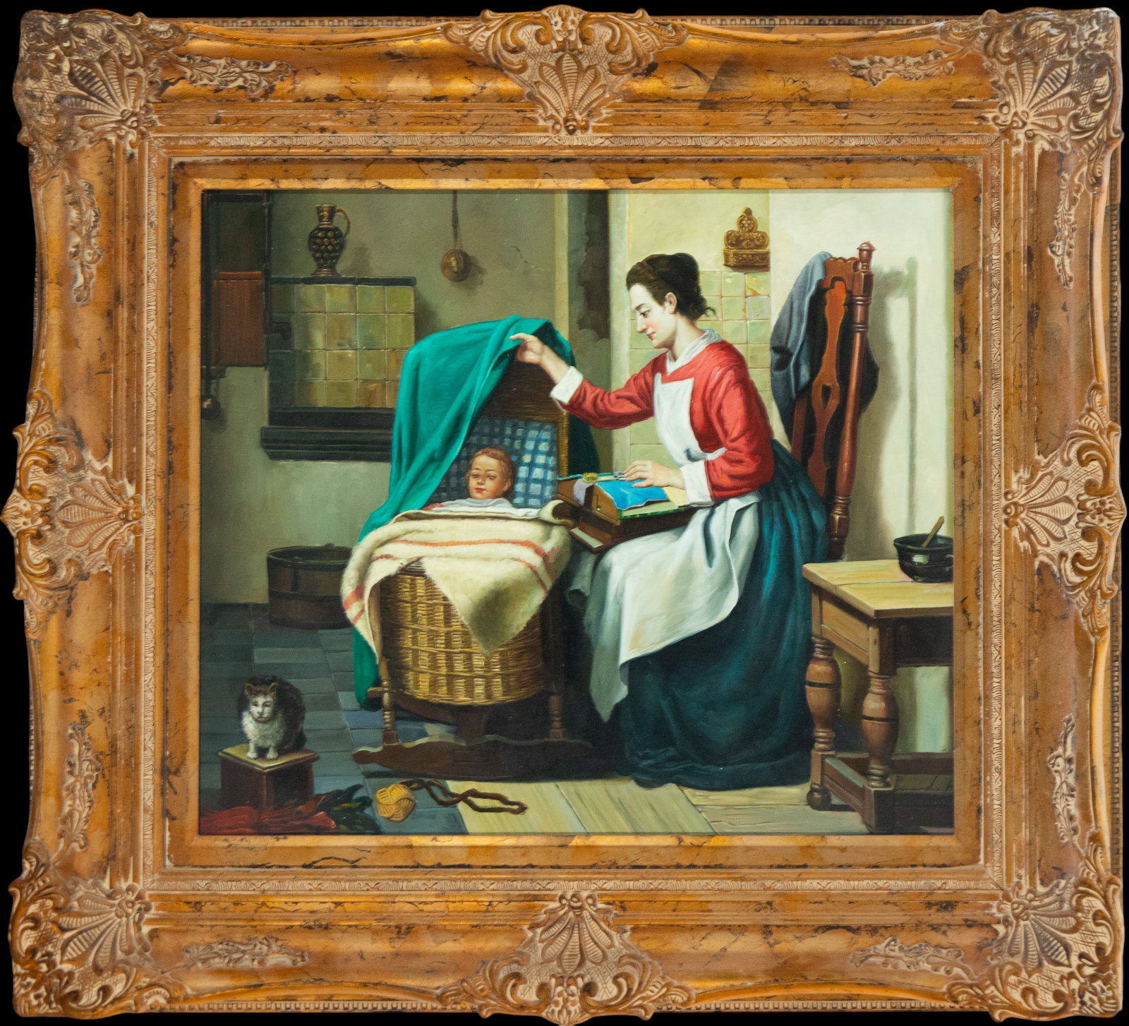 Mother with cradle. Dutch school. 19th century: Oil on canvas. Dimensions: 63 x 54 cm (light) / 86 x 74 cm (framed). An interior domestic scene depicts a mother tenderly discovering her sleeping child in a wicker cradle as she sits reading beside h