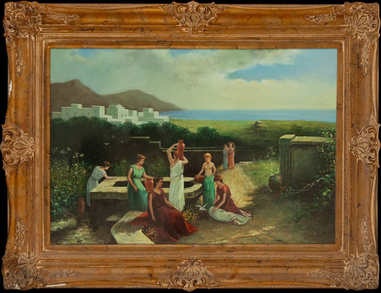 Group of women at the fountain. European school. 19th century: Oil on canvas. Dimensions: 98 x 130 cm. This classically inspired painting depicts a bucolic scene set in a Mediterranean landscape with white architectural volumes in the background. A group of women