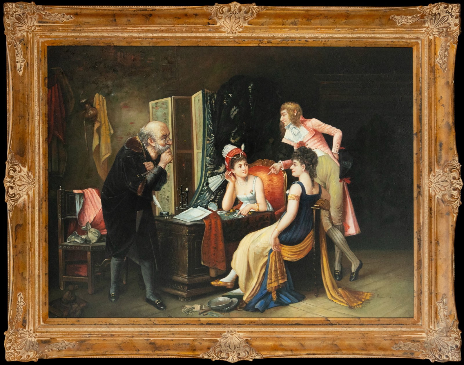 Courtship. European school. 19th century: Oil on canvas. Dimensions: 97 x 135 cm. A gallant scene set in a luxurious interior where a group of ladies and gentlemen converse around a dressing table. The anecdotal and theatrical nature of the s
