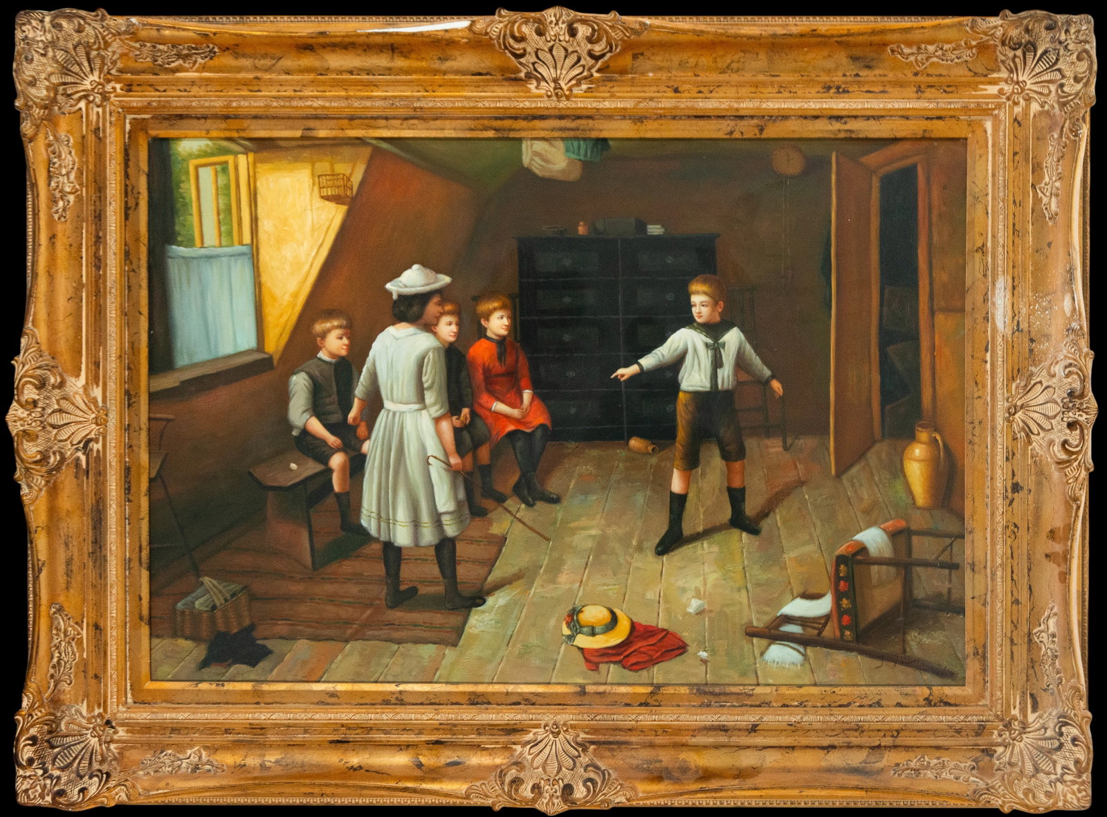 Children's scene in an attic. Signed G. Ronner. Genre painting school. 19th century.: Oil on canvas. Dimensions 53 × 53 cm. A group of boys and girls gather inside an attic illuminated by light streaming through a side window. In the center of the scene, a standing boy appears to be a