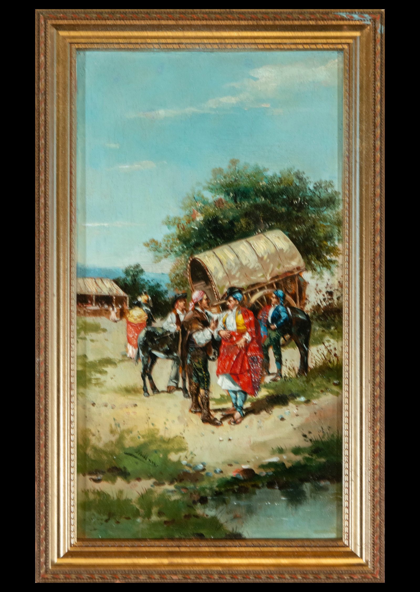 Encounter of Travelers, Spanish School, 19th Century: In this painting from the Spanish School, executed in oil on canvas, a daily scene is depicted where several travelers meet on a rural path. The colorful clothing and pastoral setting indicate a deep 