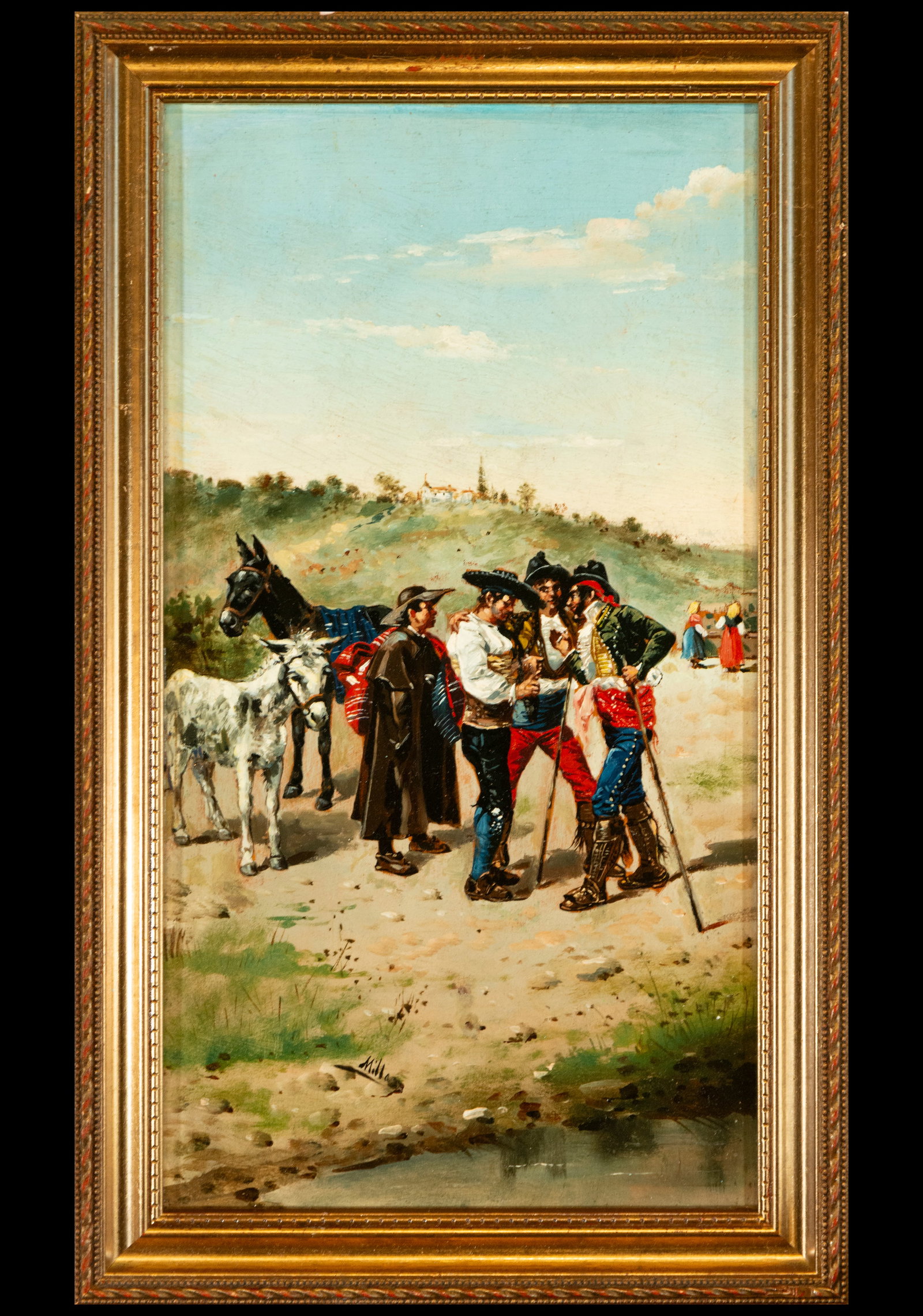 Peasants' Conversation, Spanish School, 19th Century: A vibrant scene showing a group of peasants in the midst of a lively conversation, executed in oil on canvas. The details in the clothing and the interaction between the characters reflect rural life 