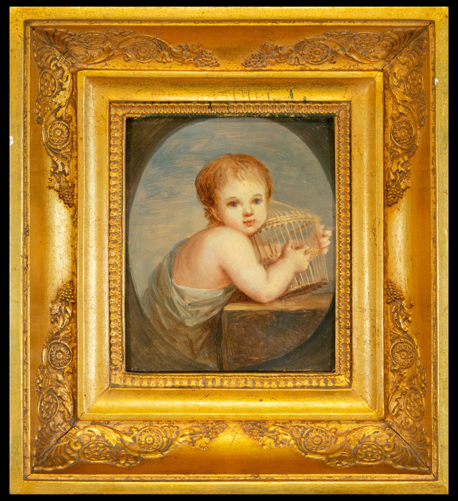 Portrait of a Child with a Cage, French School, 19th Century: An oil portrait on canvas that presents a child with a birdcage, capturing a moment of innocence and curiosity. The work is a typical example of the French School of the 19th century, with a focus on 