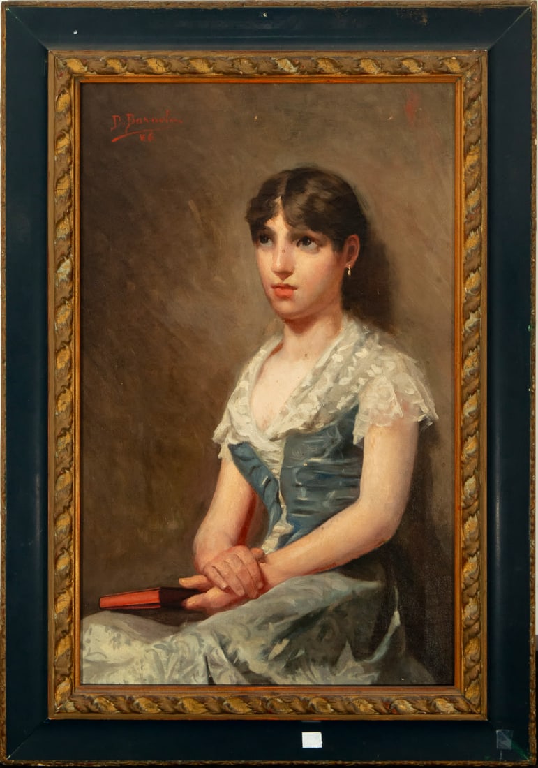 Portrait of a woman, Spanish school, 19th century: Oil on canvas. Unframed measurements: 61 x 40. Framed measurements: 76 x 54. Portrait of woman with book. Signed and dated on the upper left: D. Barnola, 86.