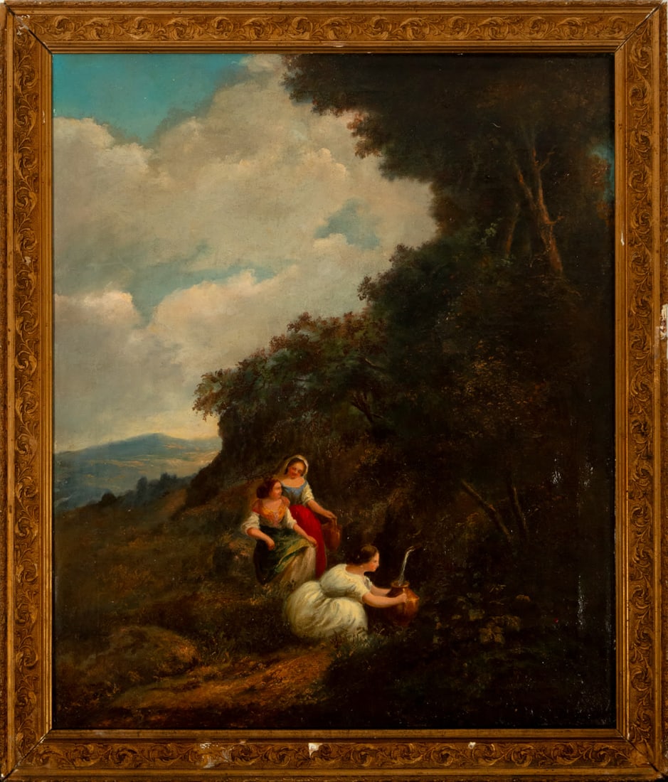 Women collecting water at the spring, English school, 19th century: Oil on canvas. Unframed measurements: 65 x 55. Framed measurements: 73 x 63. Romantic scene of three women collecting water from a spring in front of a mountain landscape.